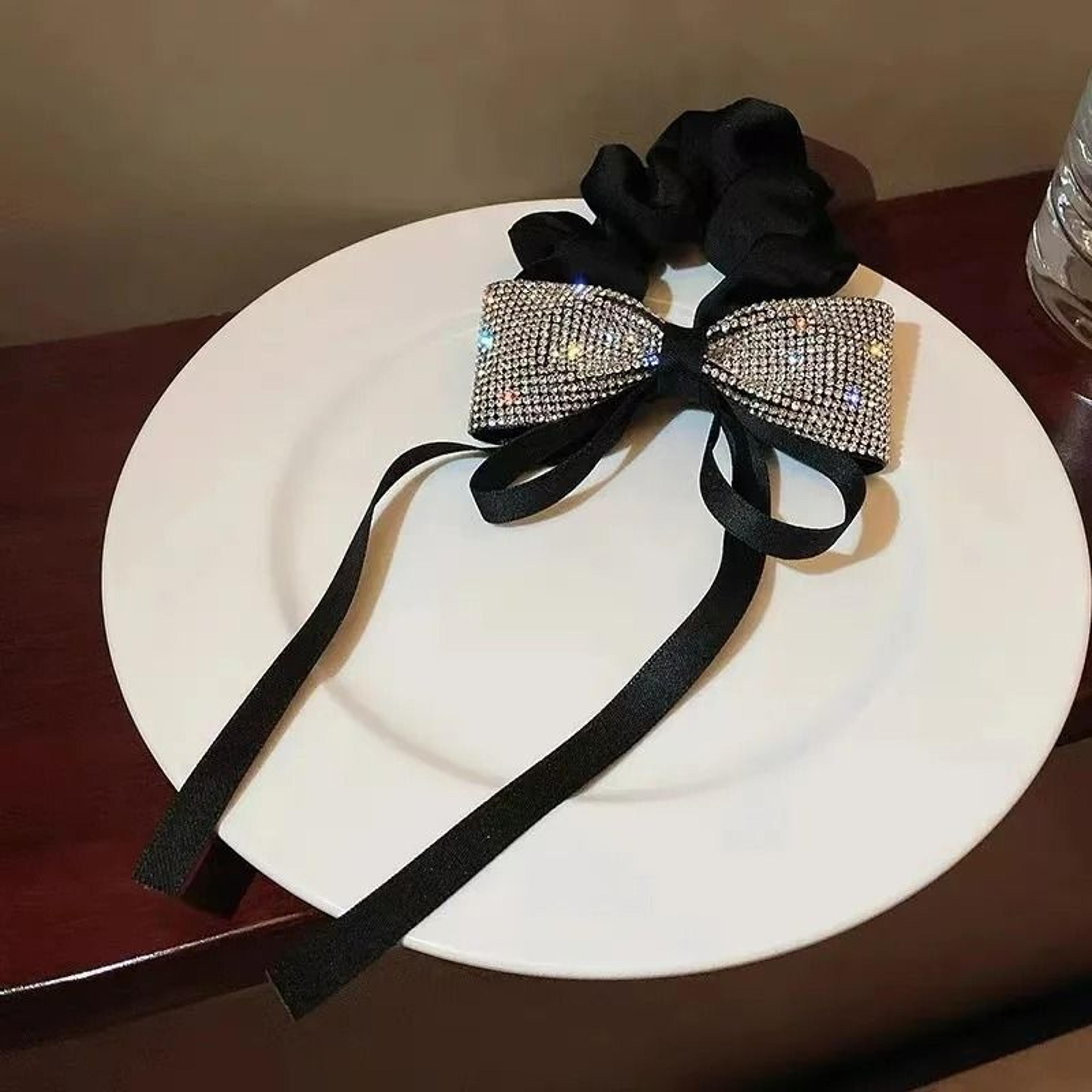 Rhinestone Bow Ribbon Scrunchie  Ponytail Holder 5