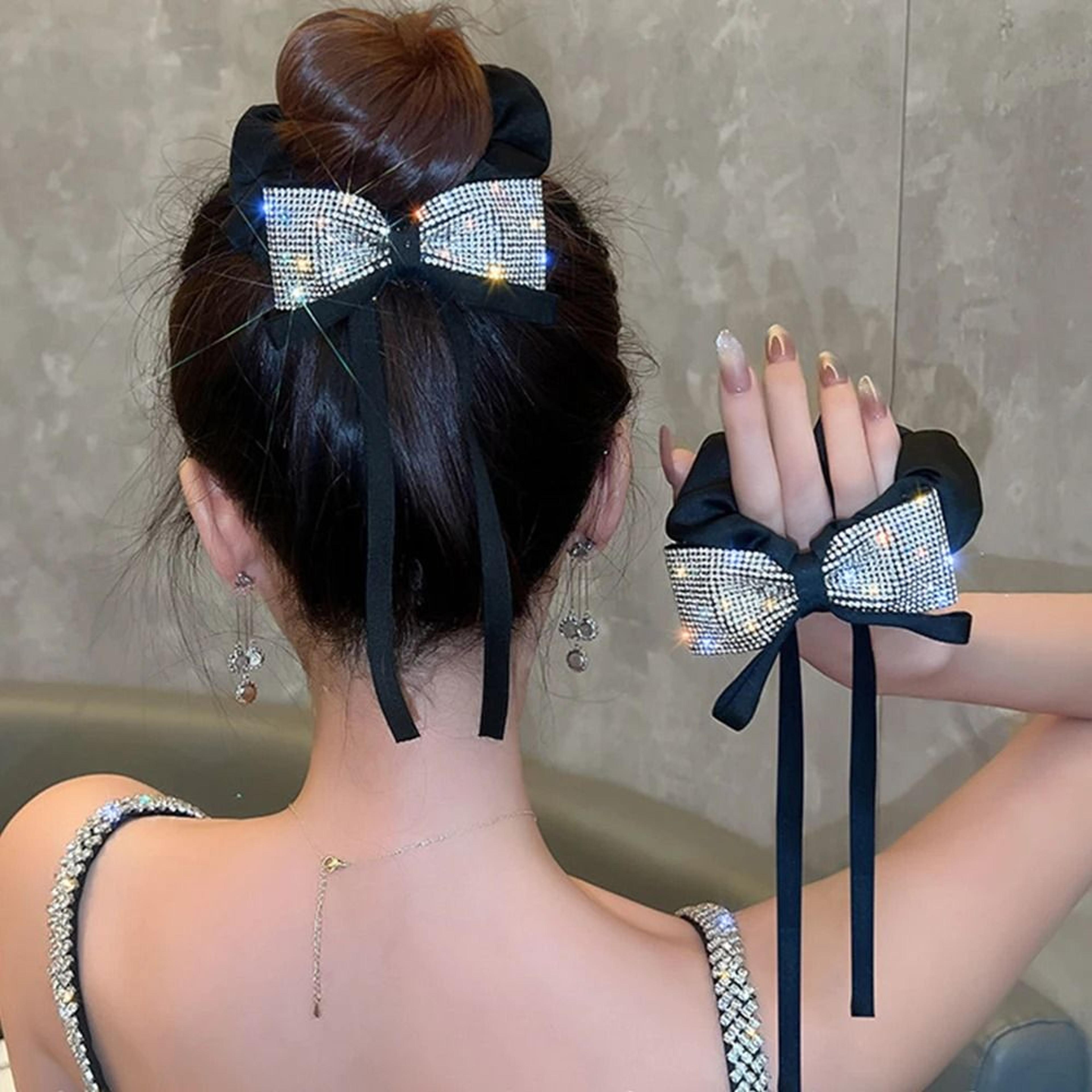 Rhinestone Bow Ribbon Scrunchie  Ponytail Holder 0