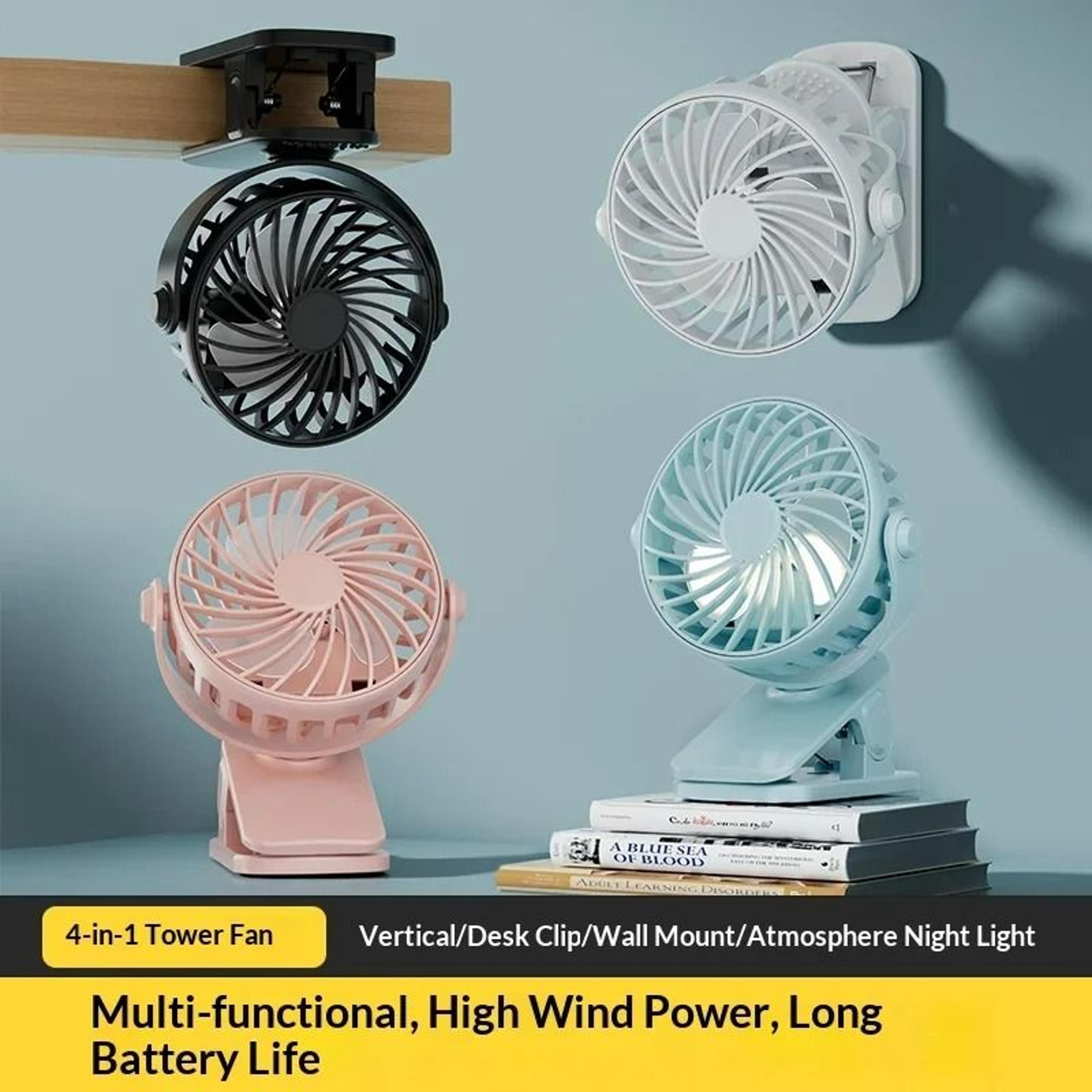 720 Rotatable Portable Rechargeable Clip  Hanging Fan With Integrated LED Night Light 1