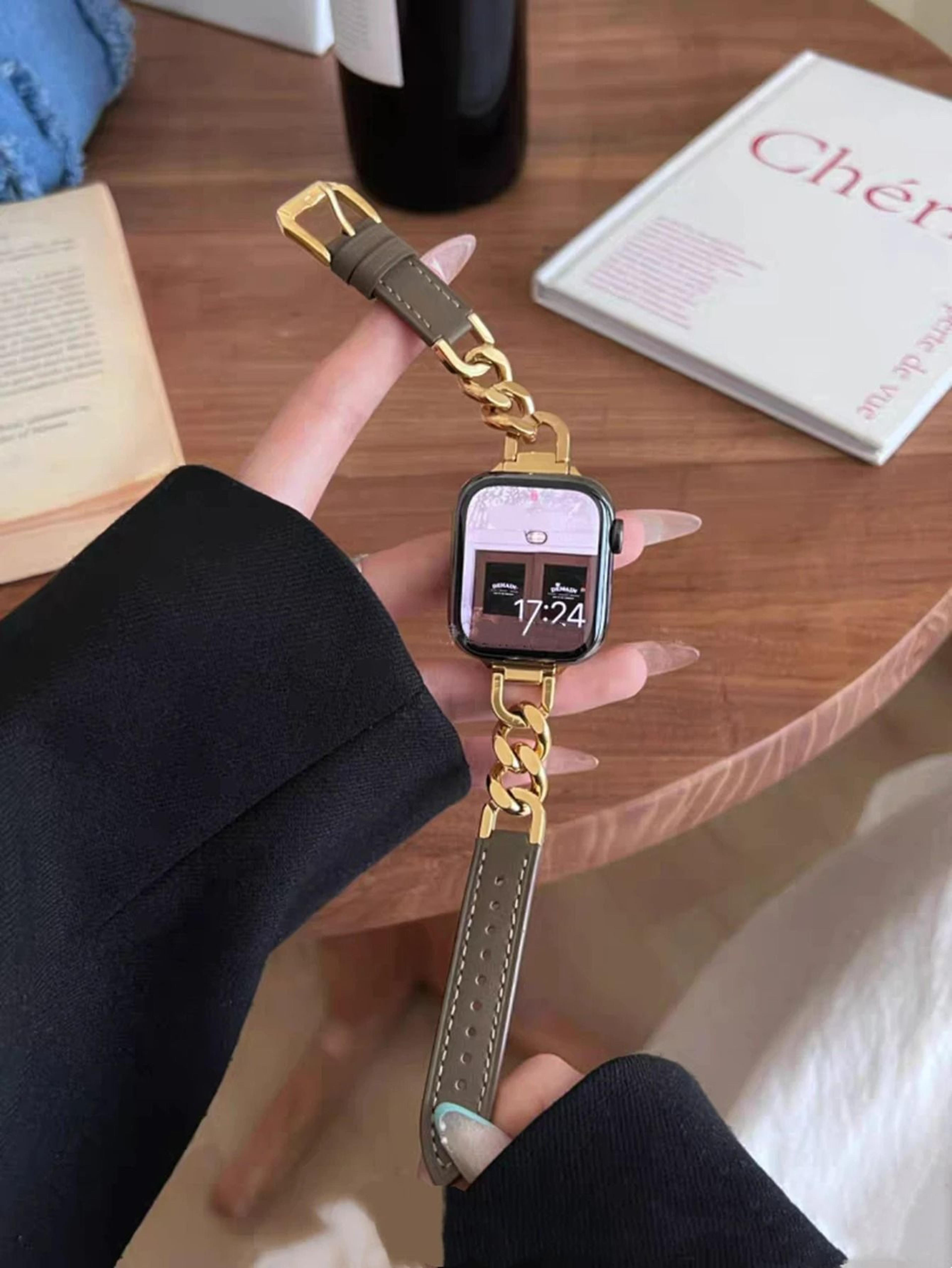 Slim Metal Link Accent Leather Loop Strap For Apple Watch Series 1 Through 11  Ultra 6
