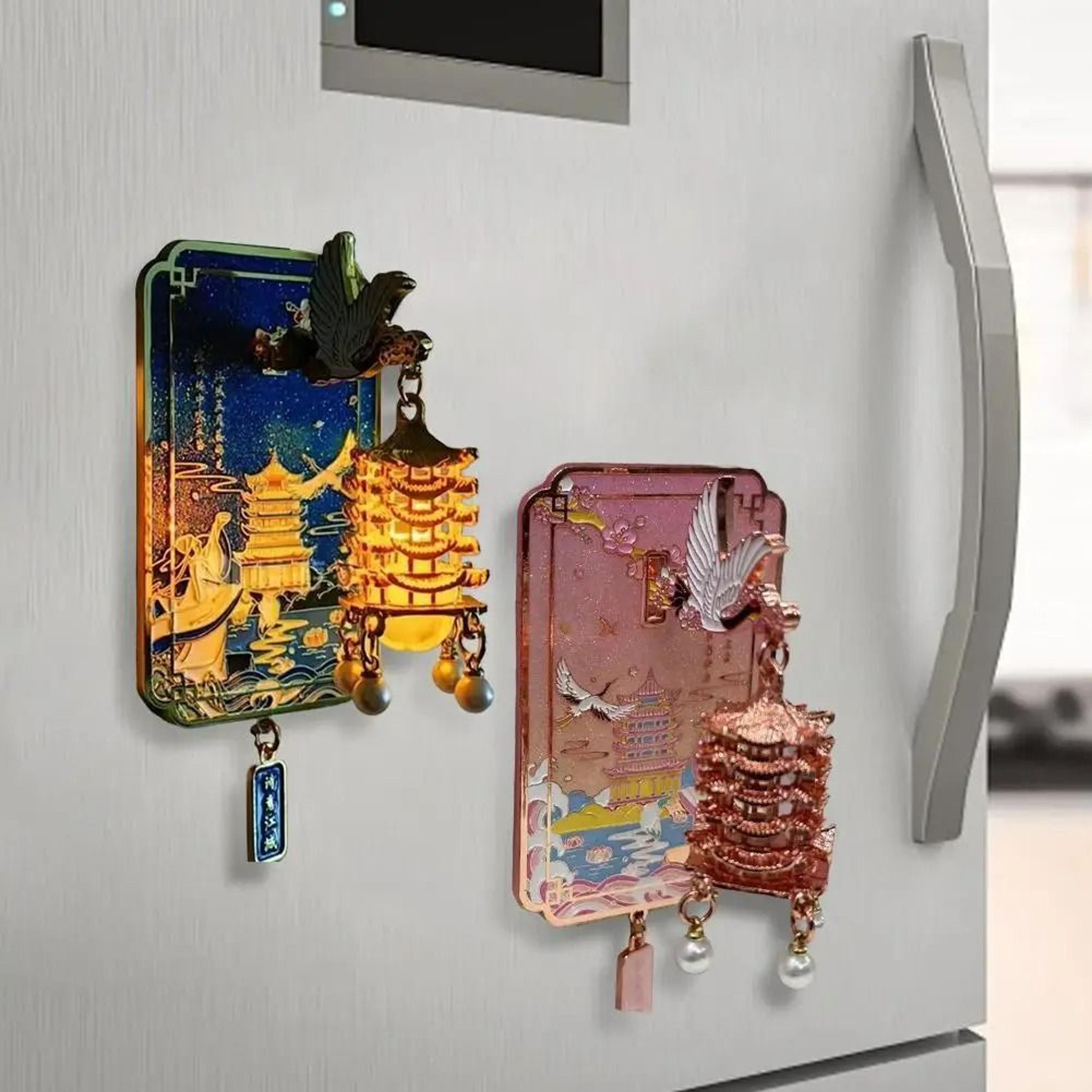 chinese cultural led light-up metal fridge magnet (yellow crane tower & cherry blossom)