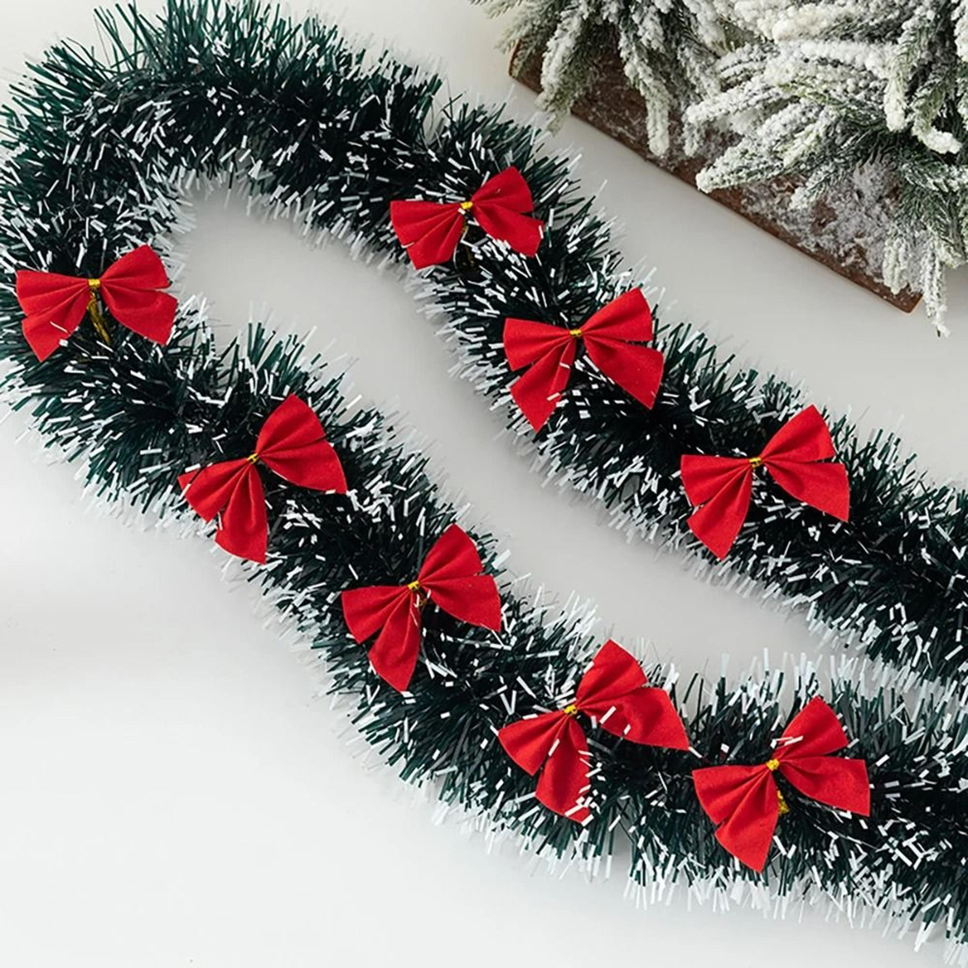 6.6 ft classic green christmas tinsel garland with decorative bows