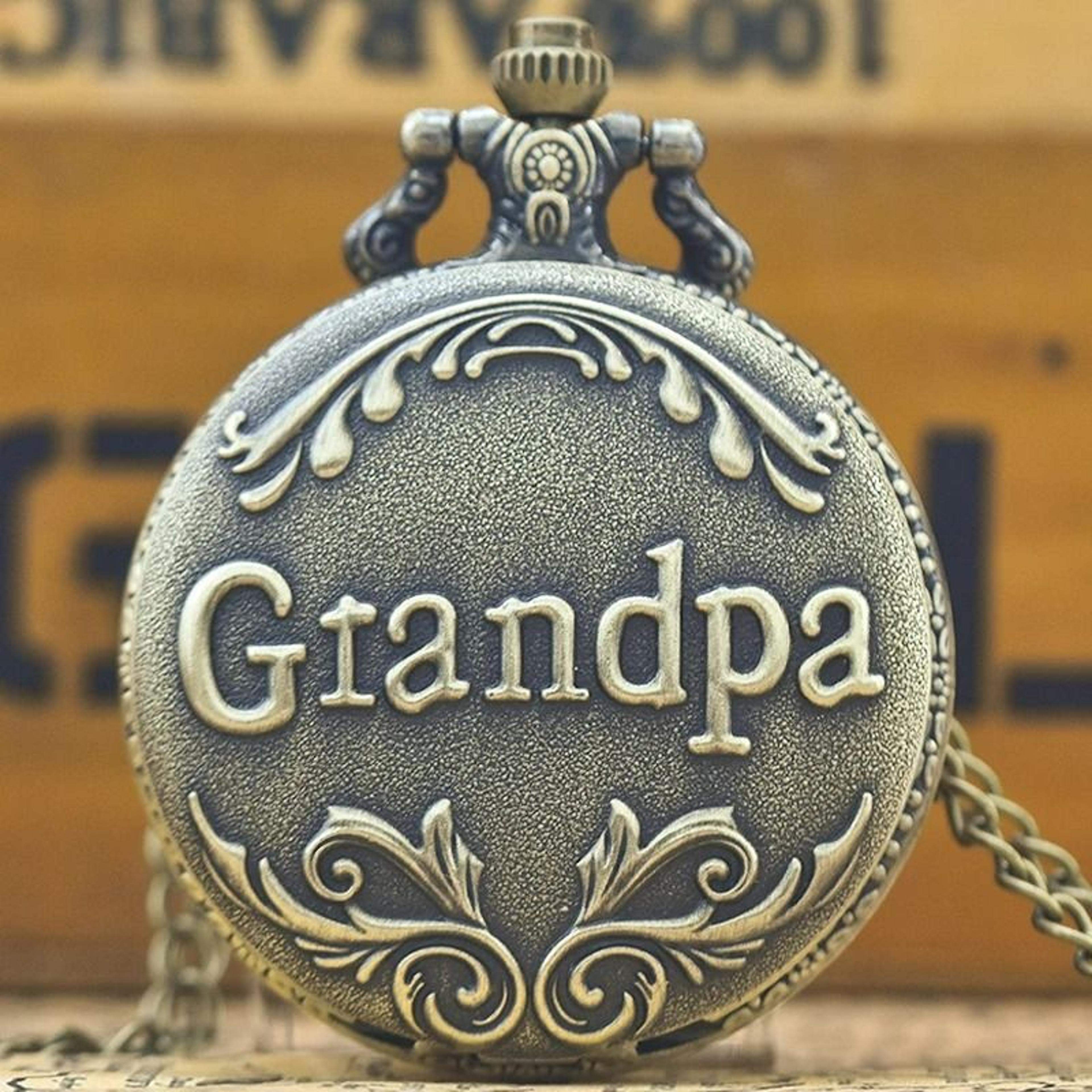 vintage engraved "the greatest" quartz pocket watch & chain set