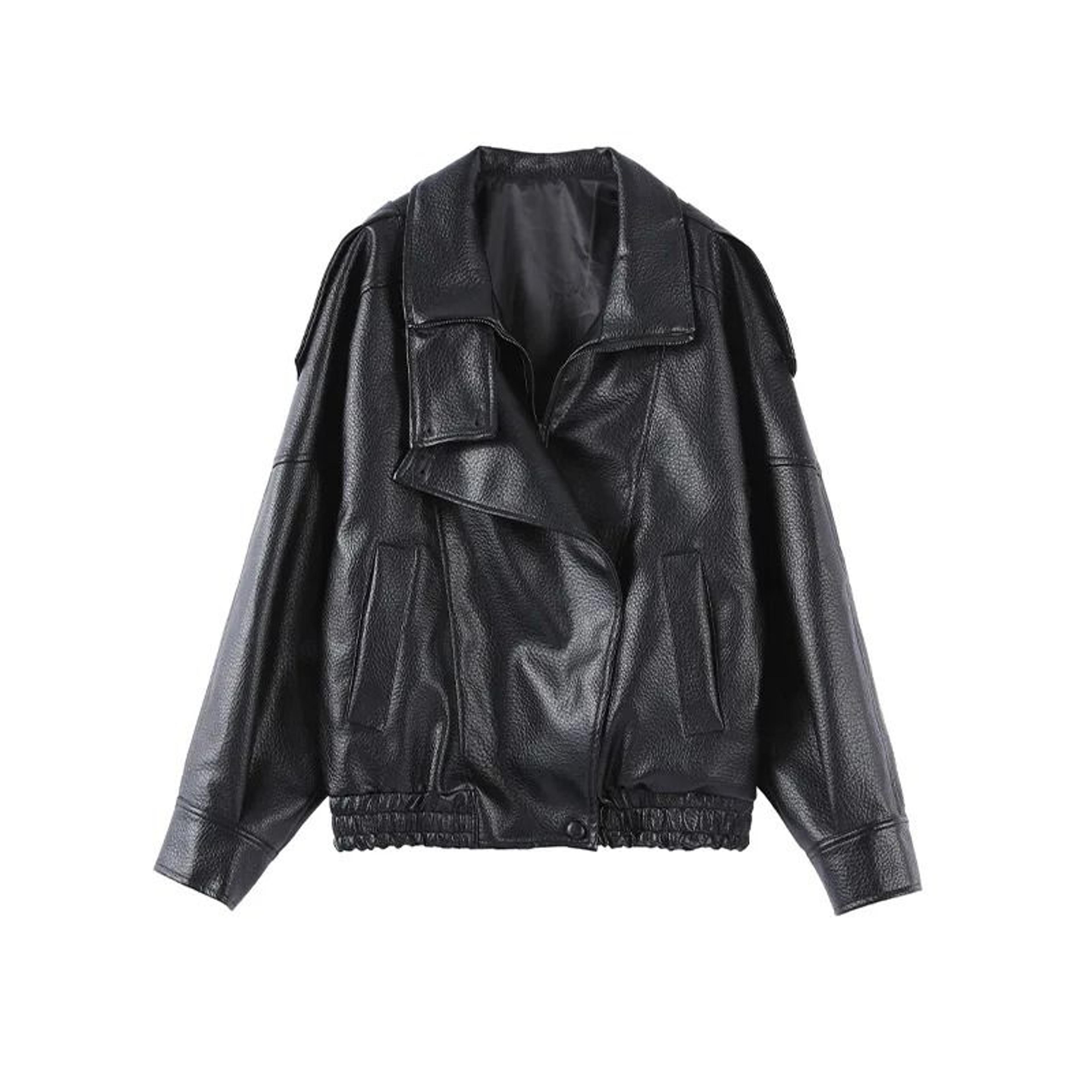 asymmetric button stand-collar pu leather jacket