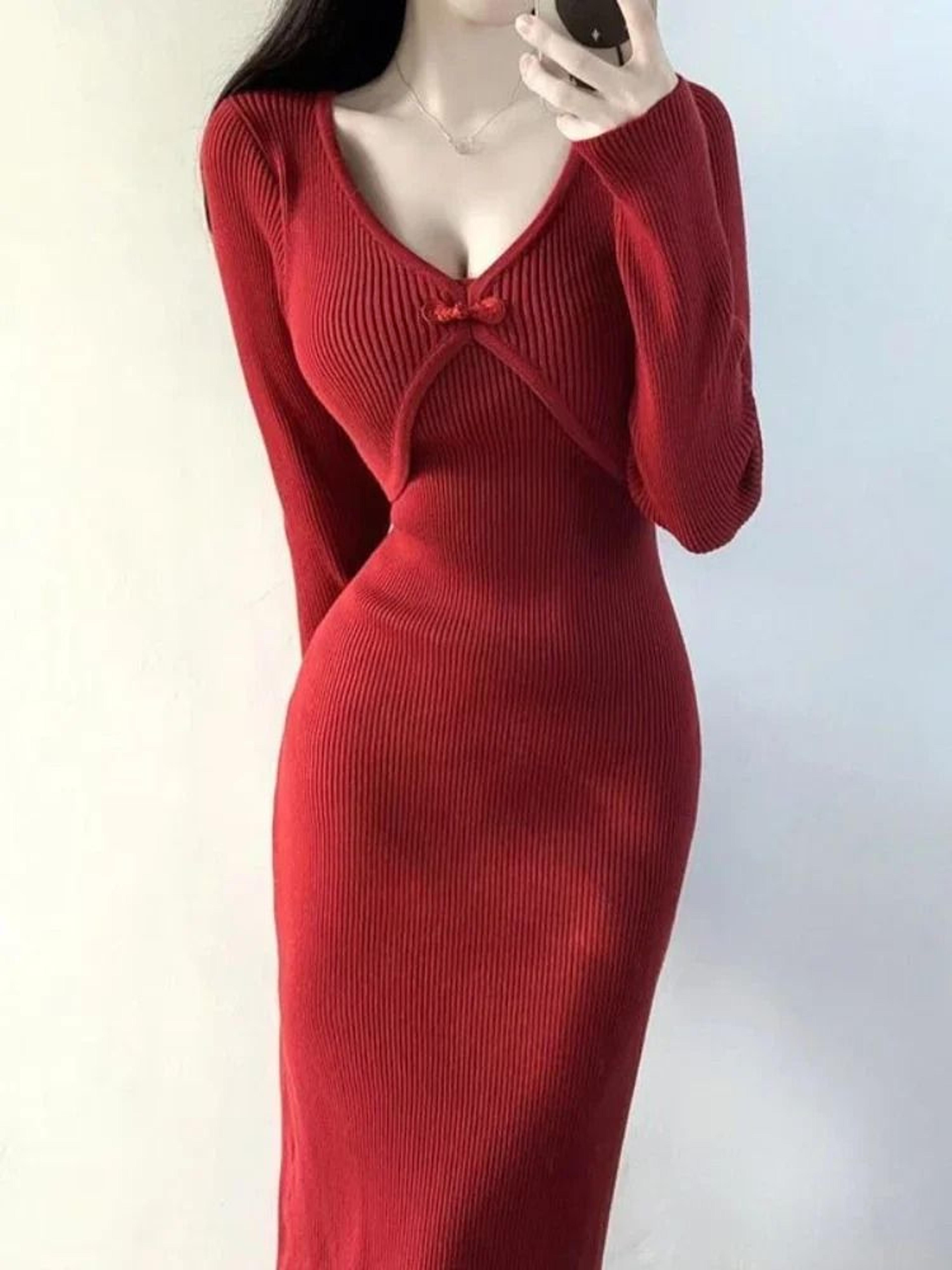 Elegant Vintage Crochet Bodycon Midi Knit Dress 3