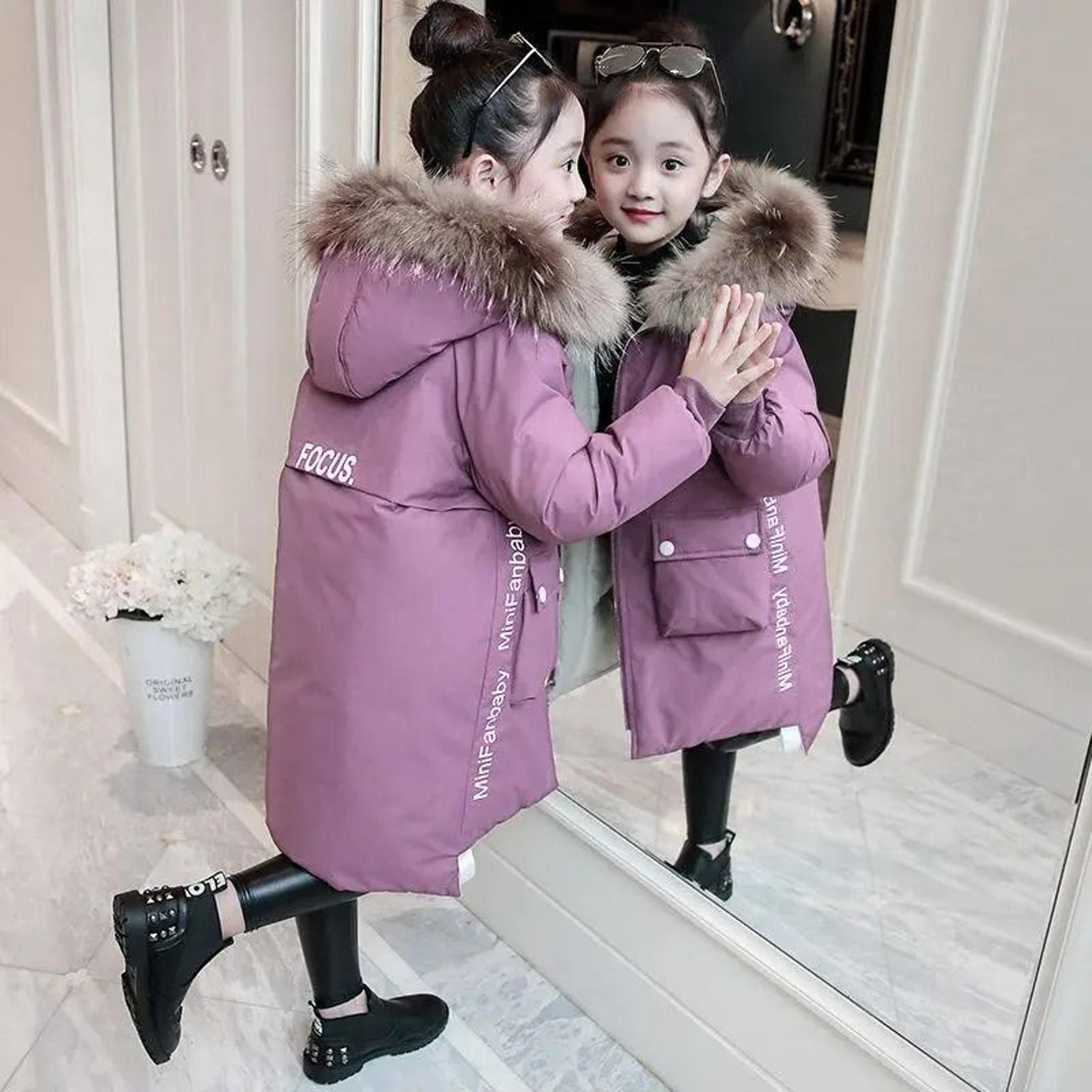girls' winter fur collar hooded long parka coat