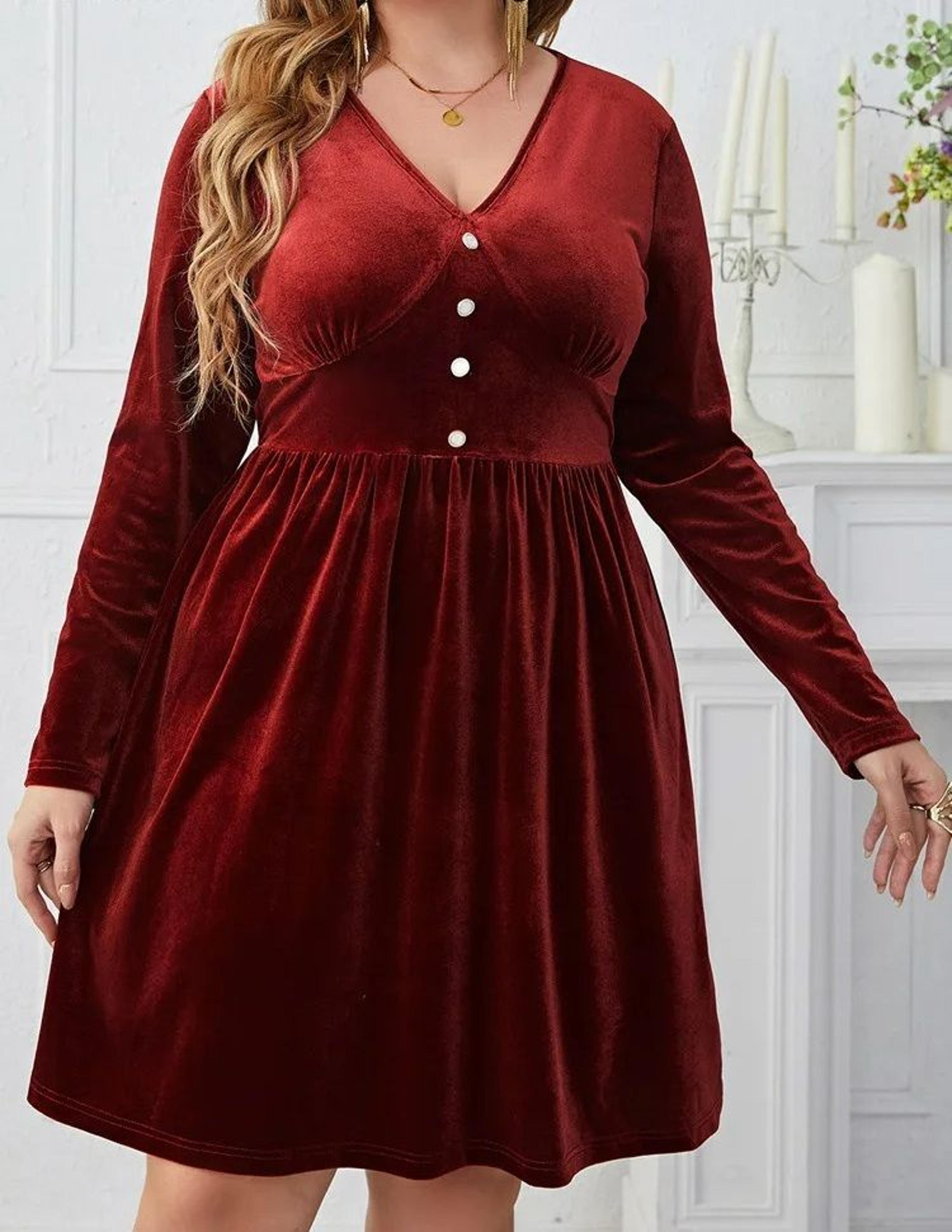 Womens Elegant Red Plus Size Velvet VNeck Dress 1