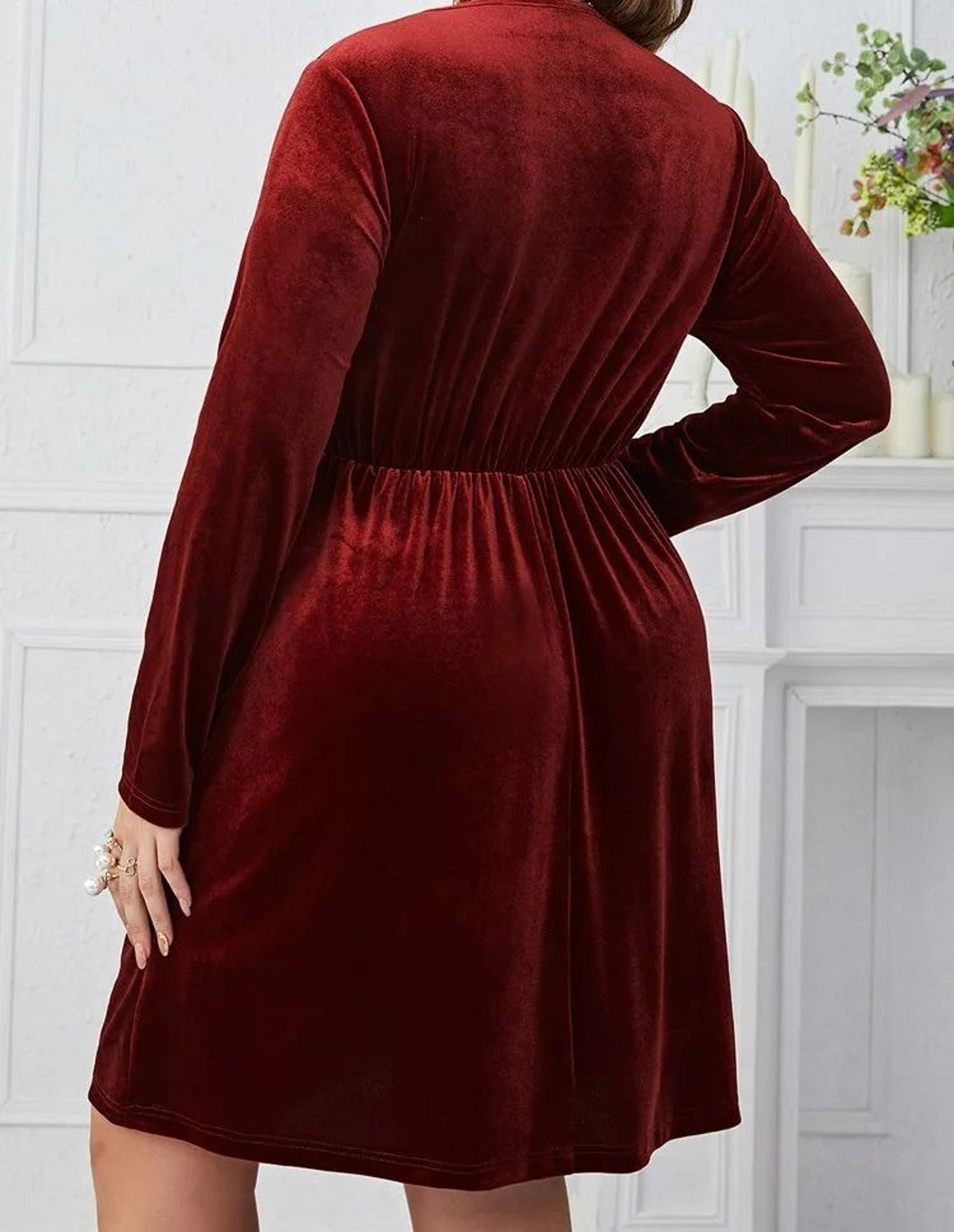 Womens Elegant Red Plus Size Velvet VNeck Dress 5