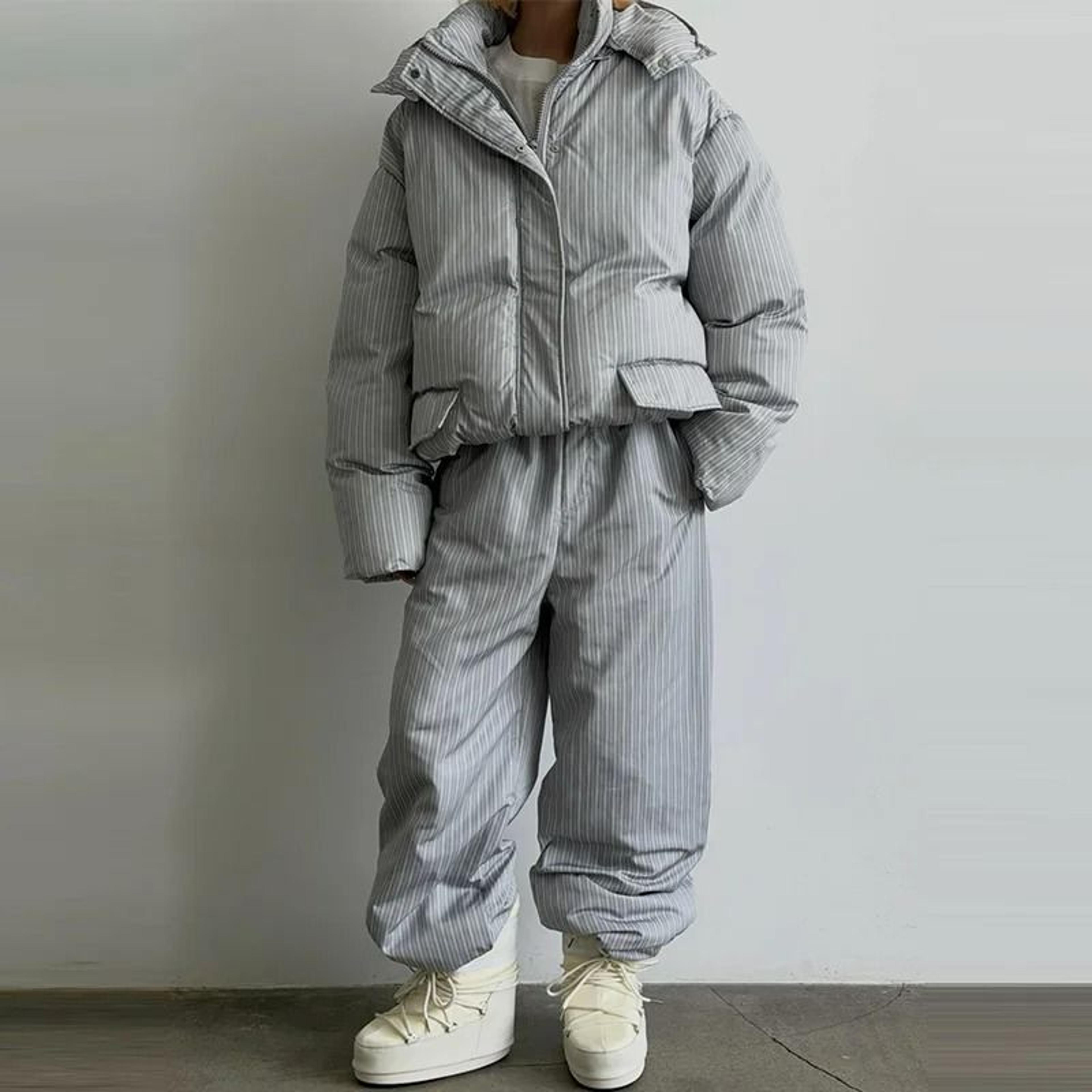 Womens Stand Collar Hooded Quilted Coat  Long Pants Set 4