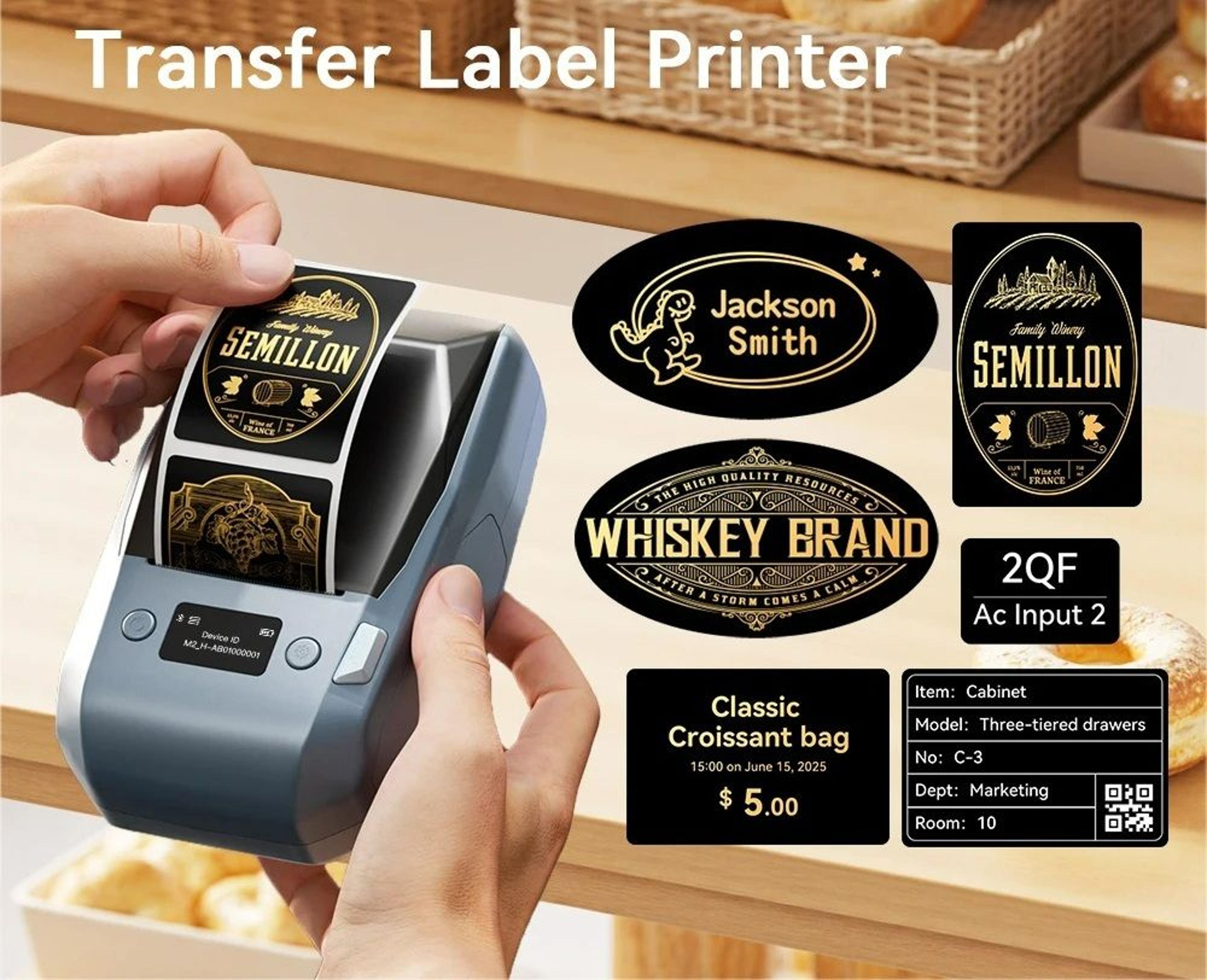thermal transfer label printer with ribbon and wine bottle labels