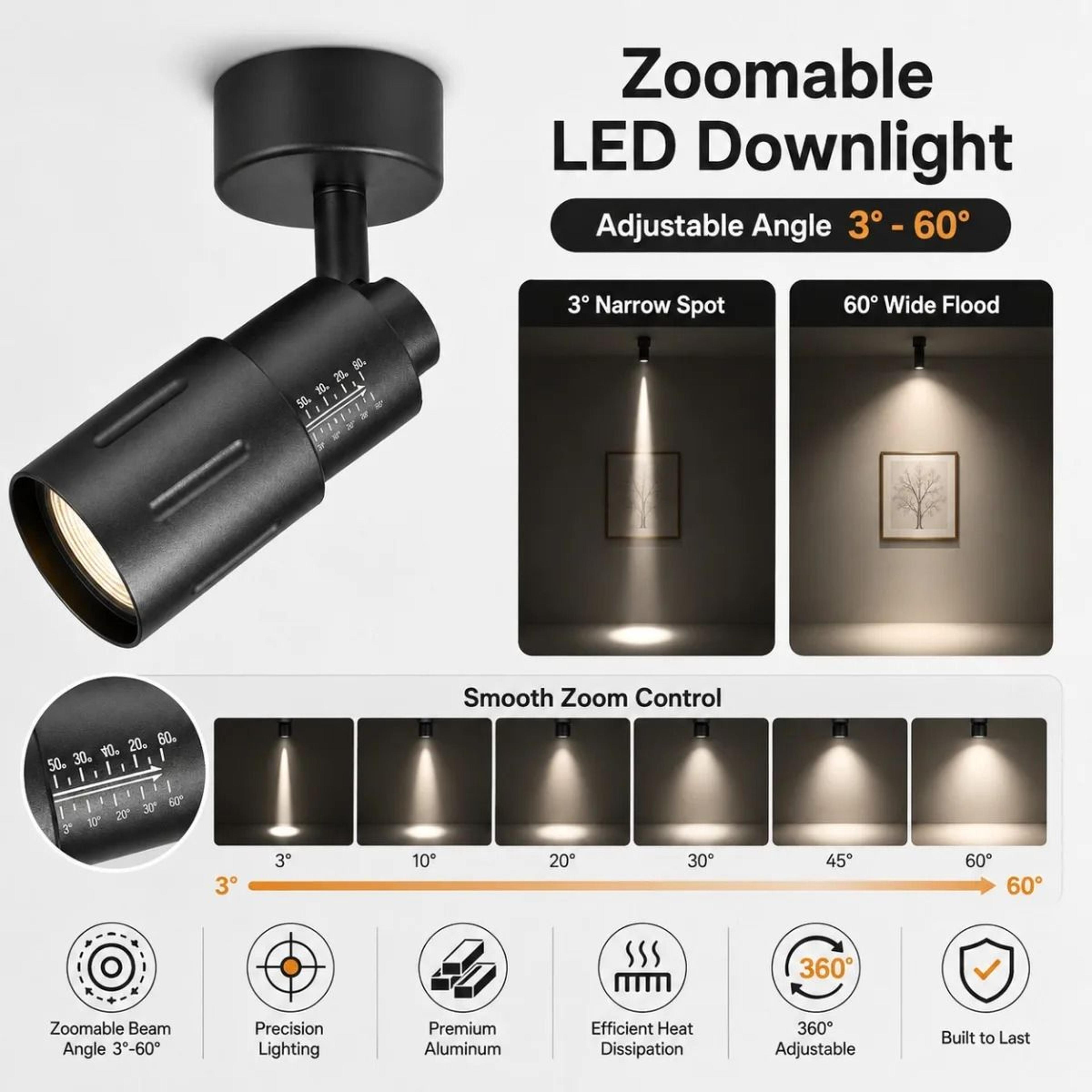 Zoomable Surface Mount LED Focus Spotlight 9W 360 Adjustable Beam 1