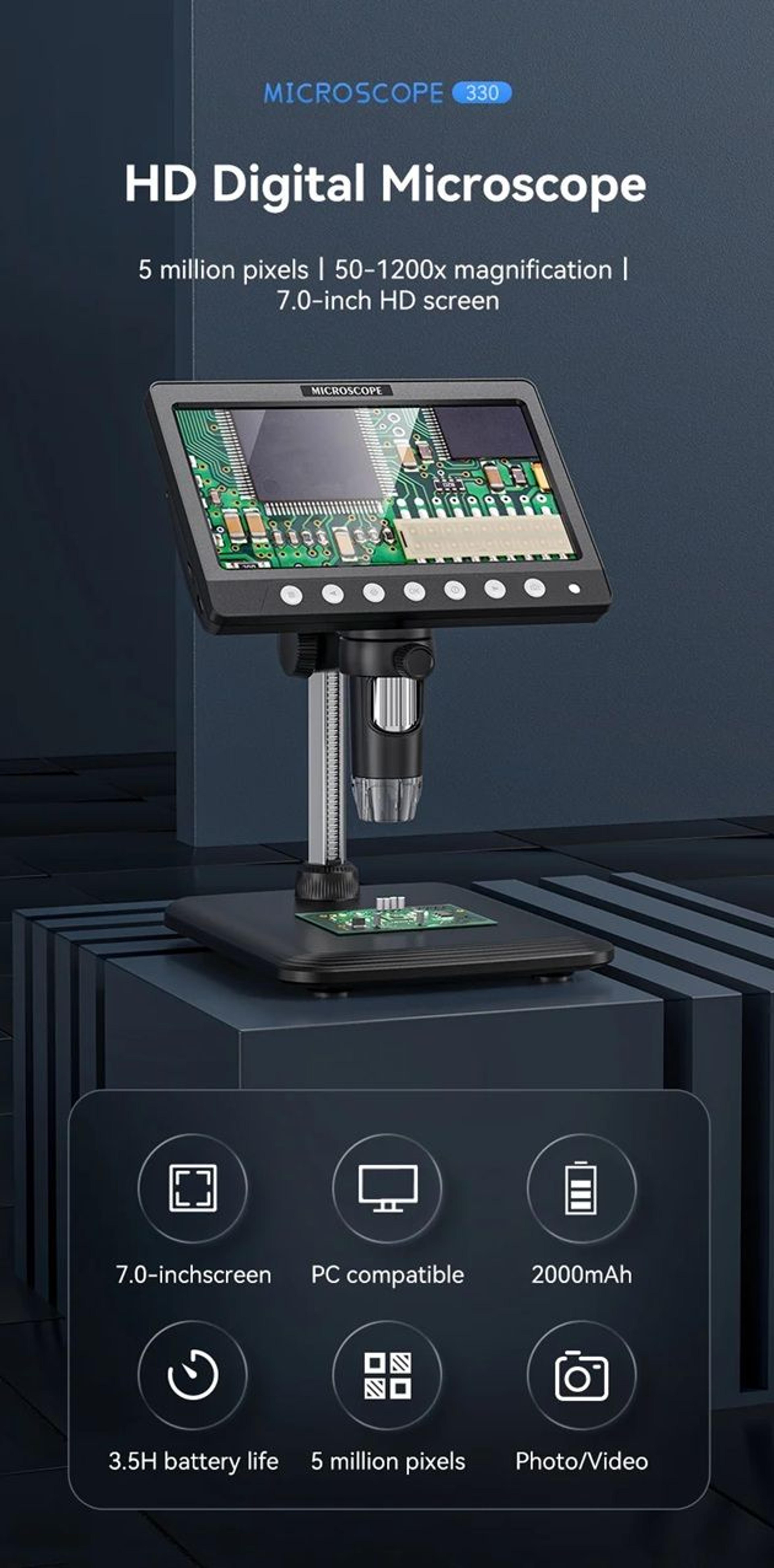 ProView 1200X Digital Microscope  7in IPS Screen USB Microscope For Soldering Electronics  Phone Re 0