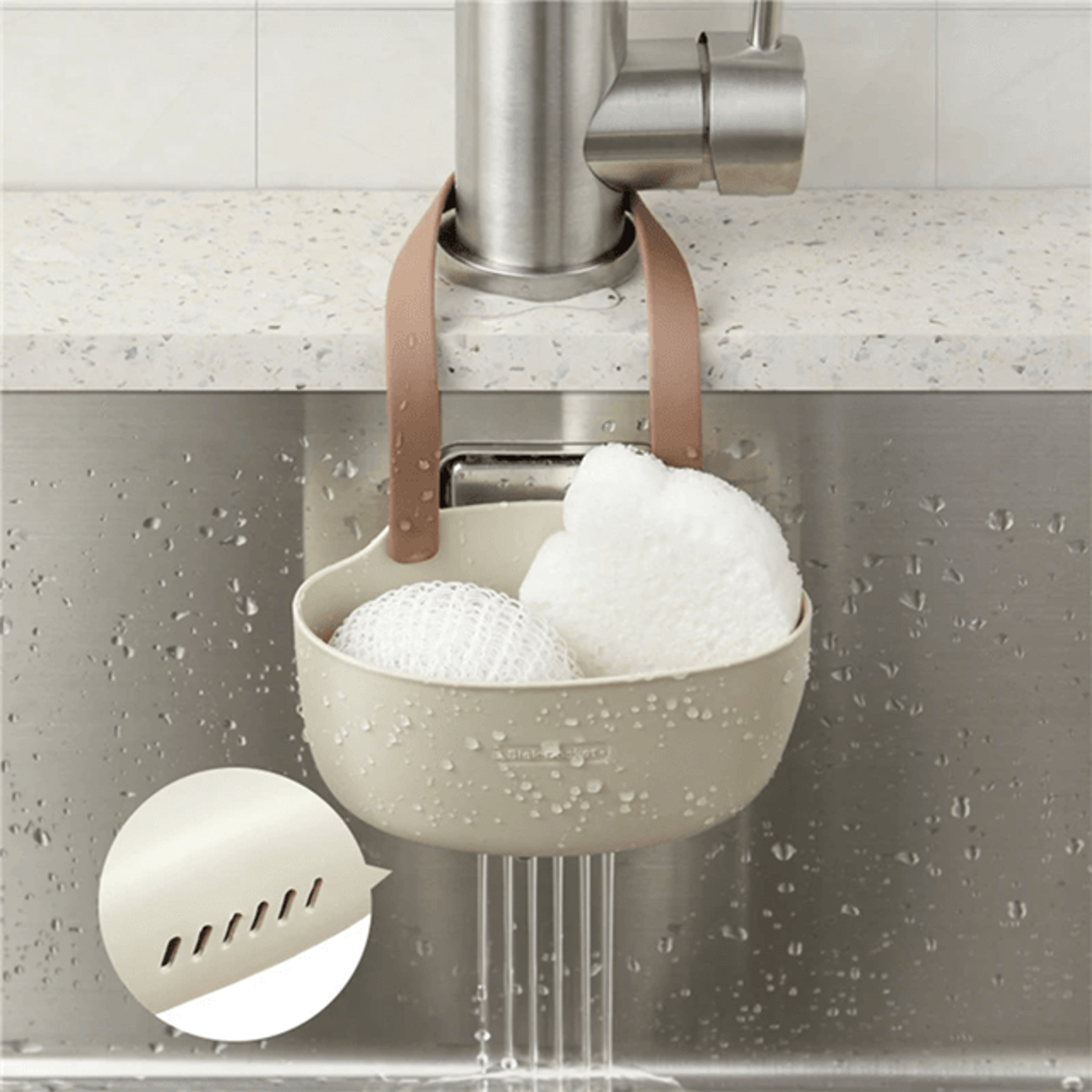 Adjustable Kitchen Sink Holder For Sponge And Soap With Hanging Drain Basket Design 1