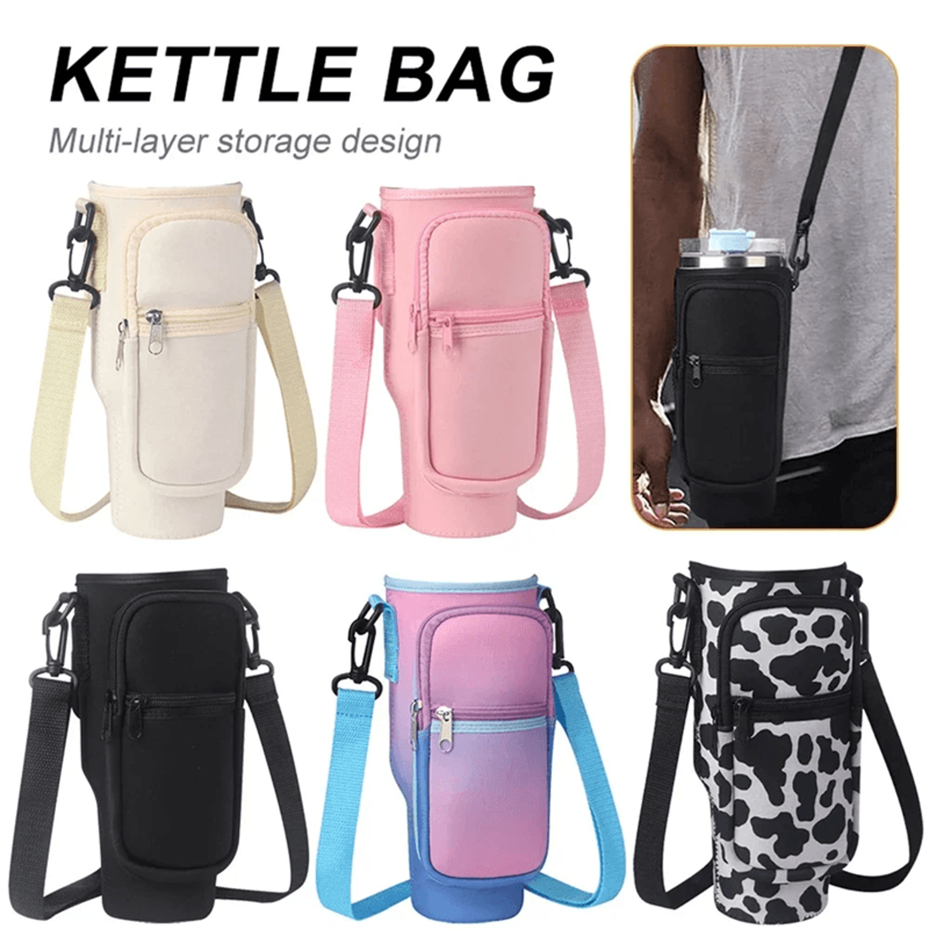 water bottle carrier bag with adjustable strap and pocket for stanley 40oz tumbler