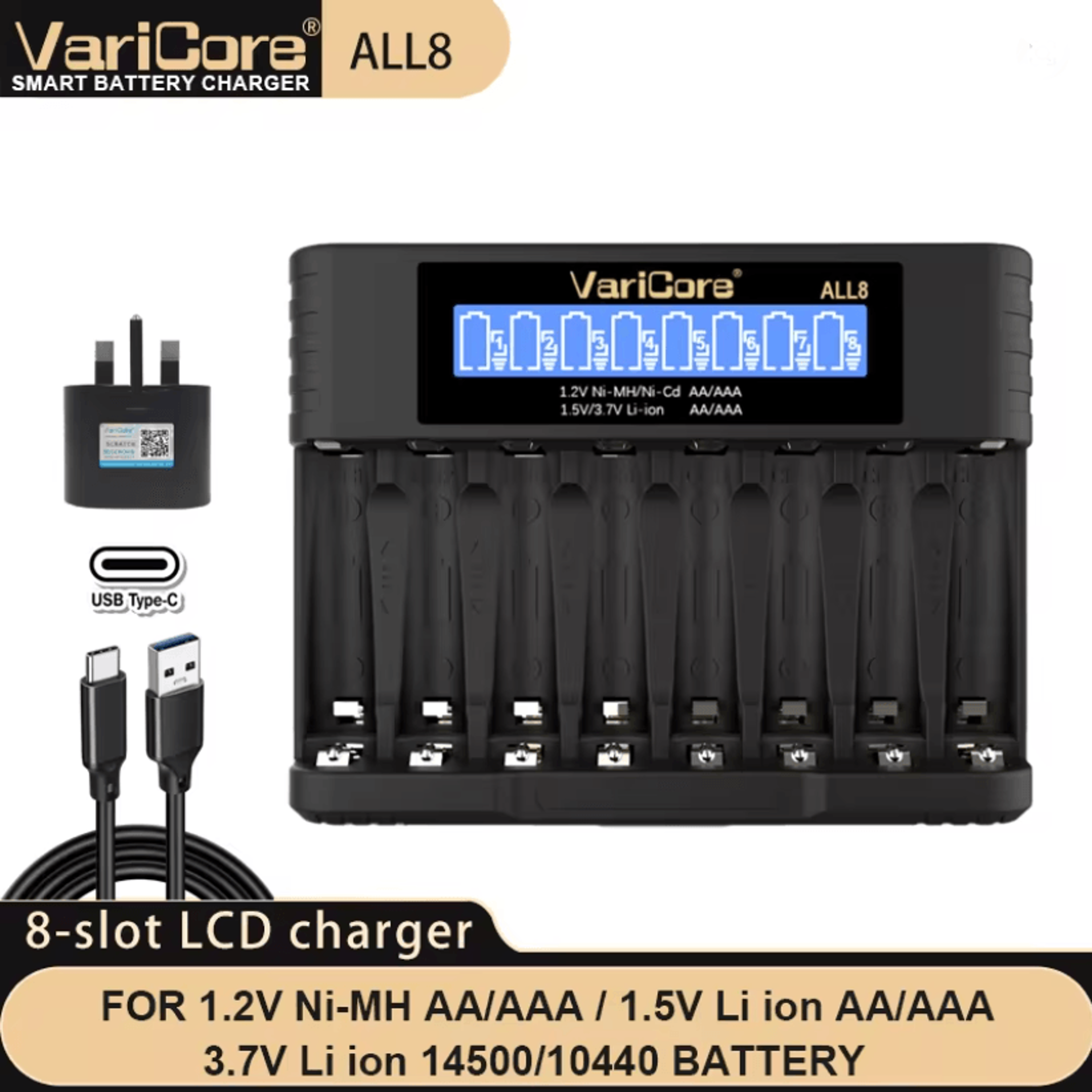 VariCore LCD Fast AA AAA Battery Charger  8 Slot Universal Rechargeable Battery Charger 8