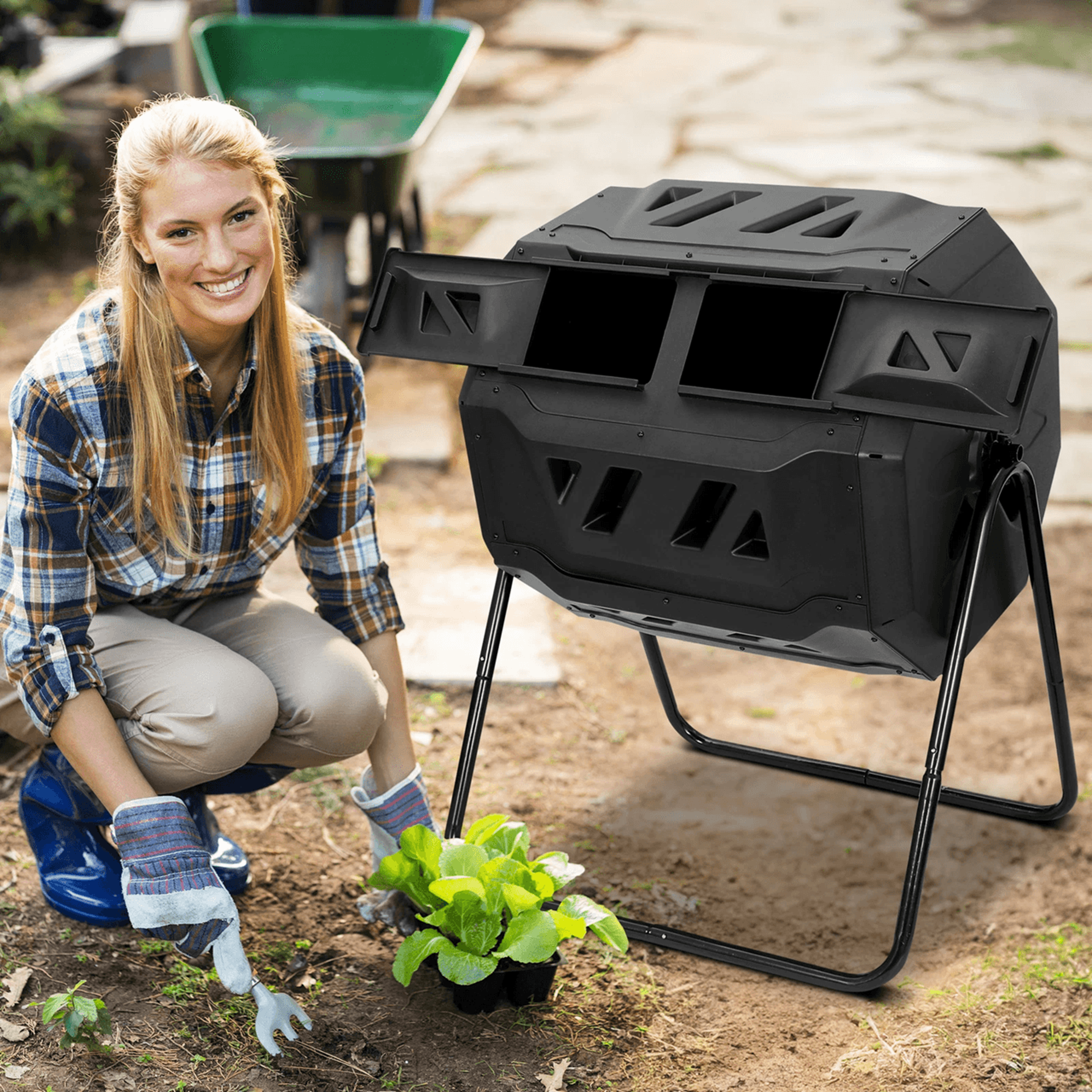 43 Gallon Dual Chamber Compost Tumbler For Outdoor Garden Waste And Organic Fertilizer 2