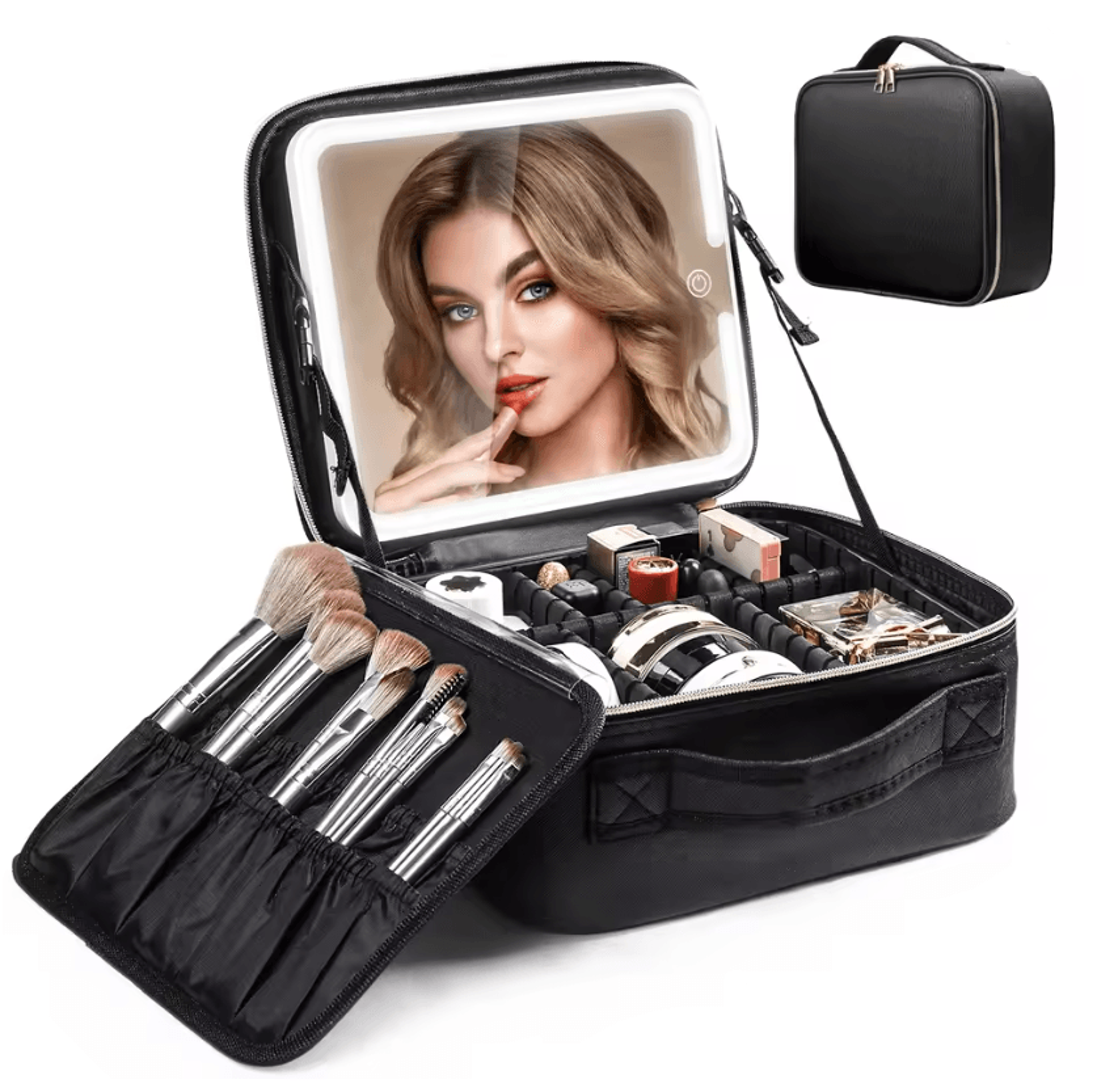 Travel Makeup Bag With LED Lighted Mirror And Adjustable Dividers For Cosmetics And Accessories 4
