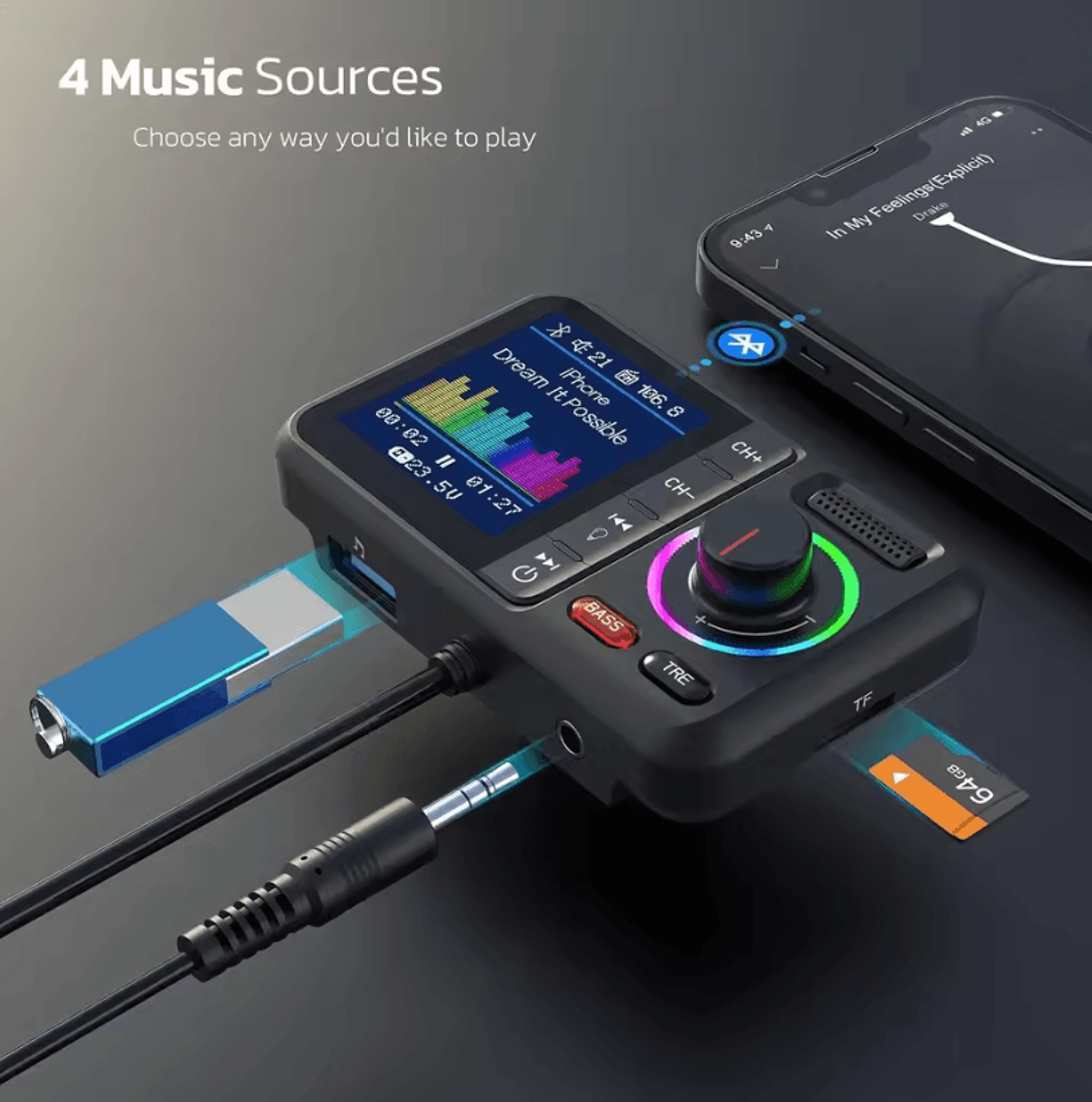 ColorView Dual USB QC30 Wireless FM Transmitter With Screen 0