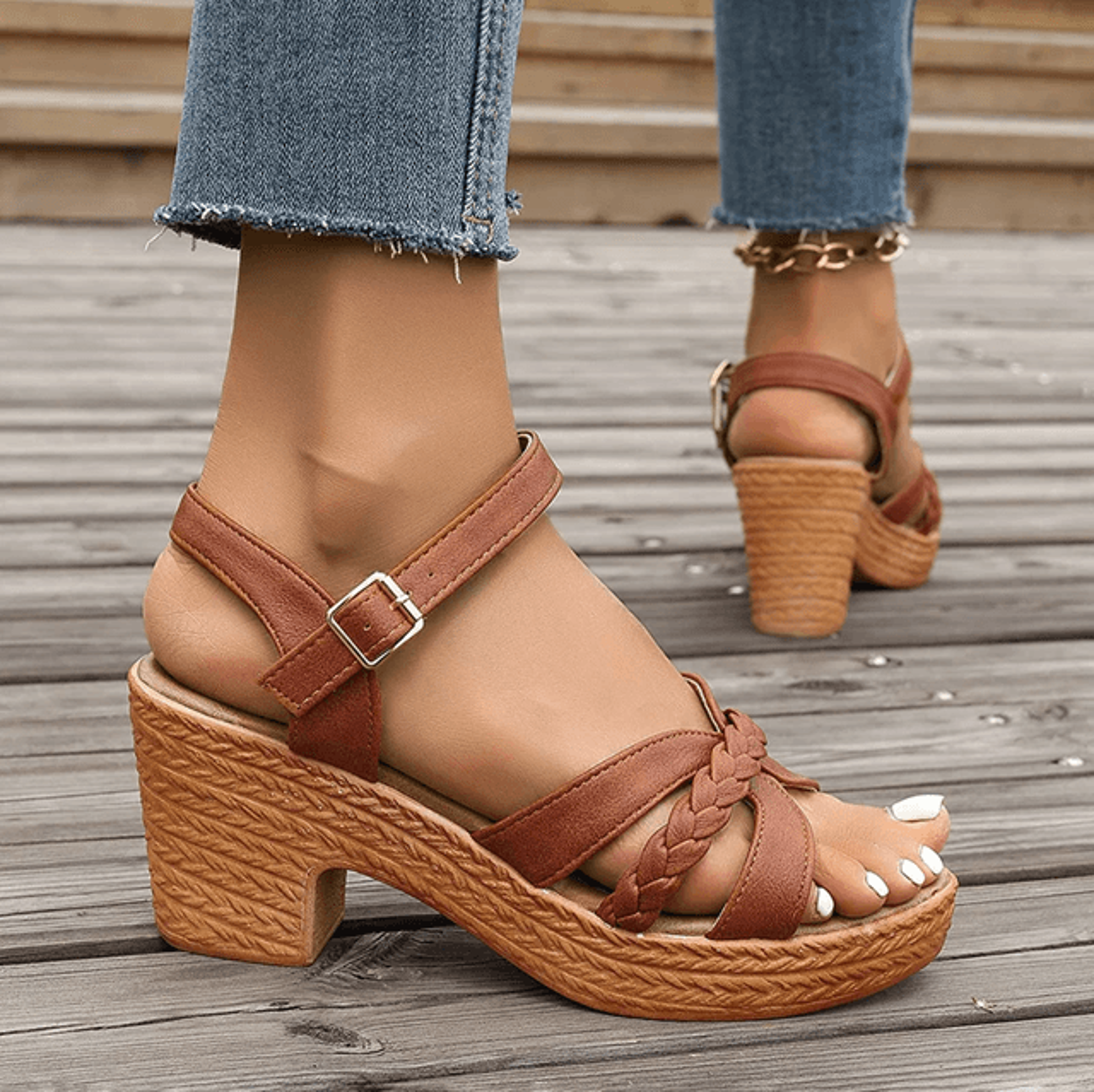 Braided Chunky High Heel Sandals For Women Summer Platform Vacation Shoes 5