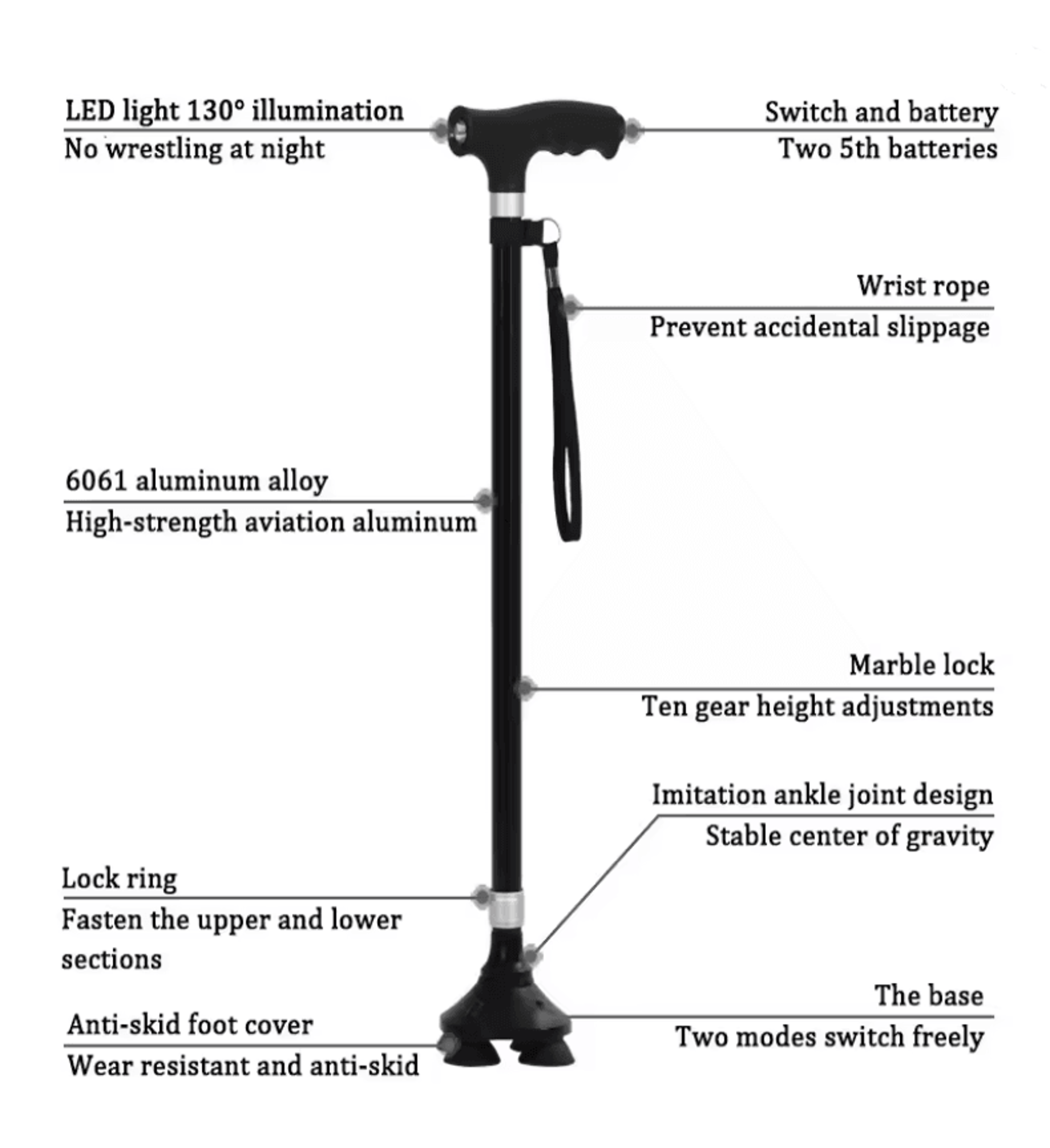 Adjustable Retractable Aluminum Walking Cane With LED Light 1