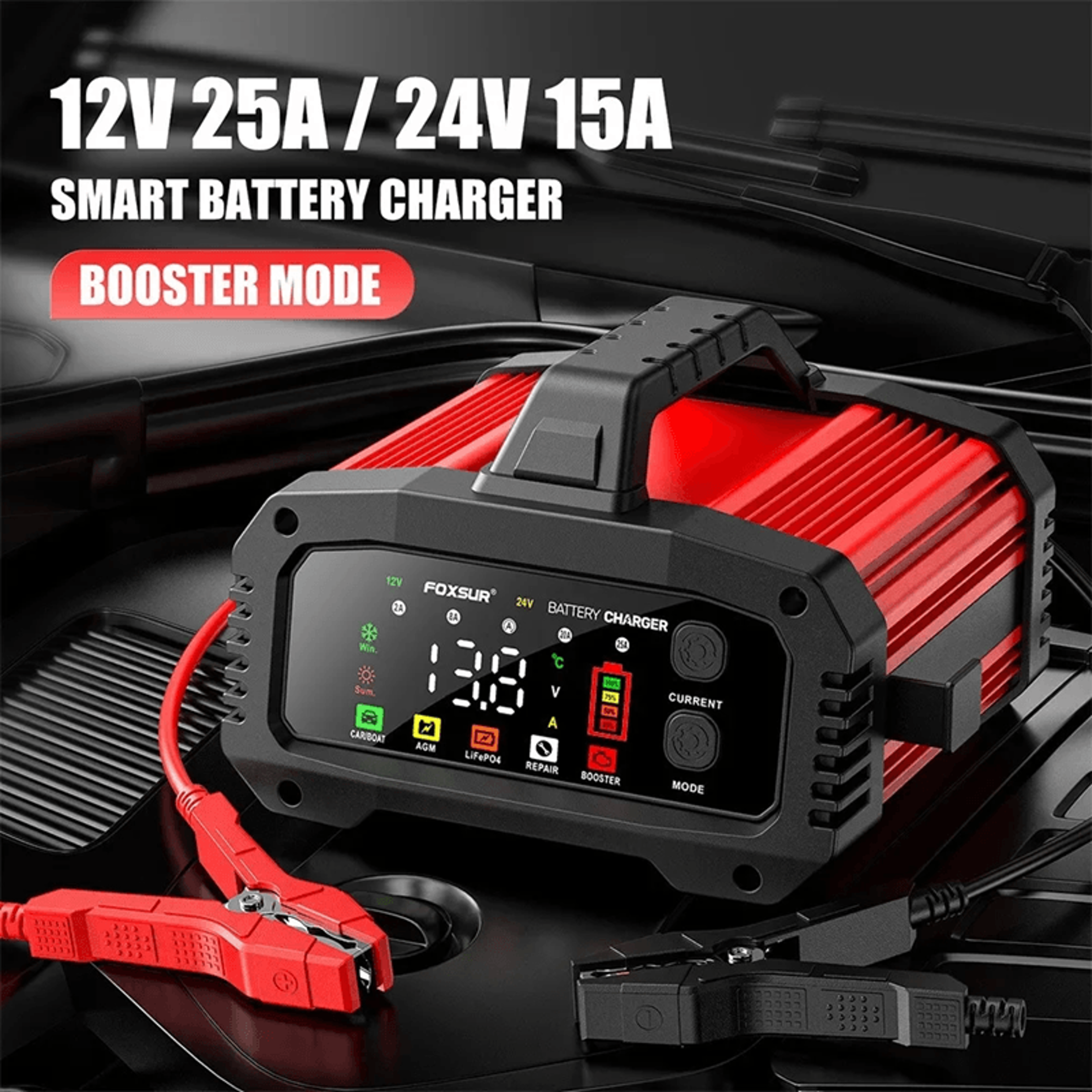 smart car battery charger 25a 15a for 12v 24v agm gel lifepo4 motorcycle and auto batteries