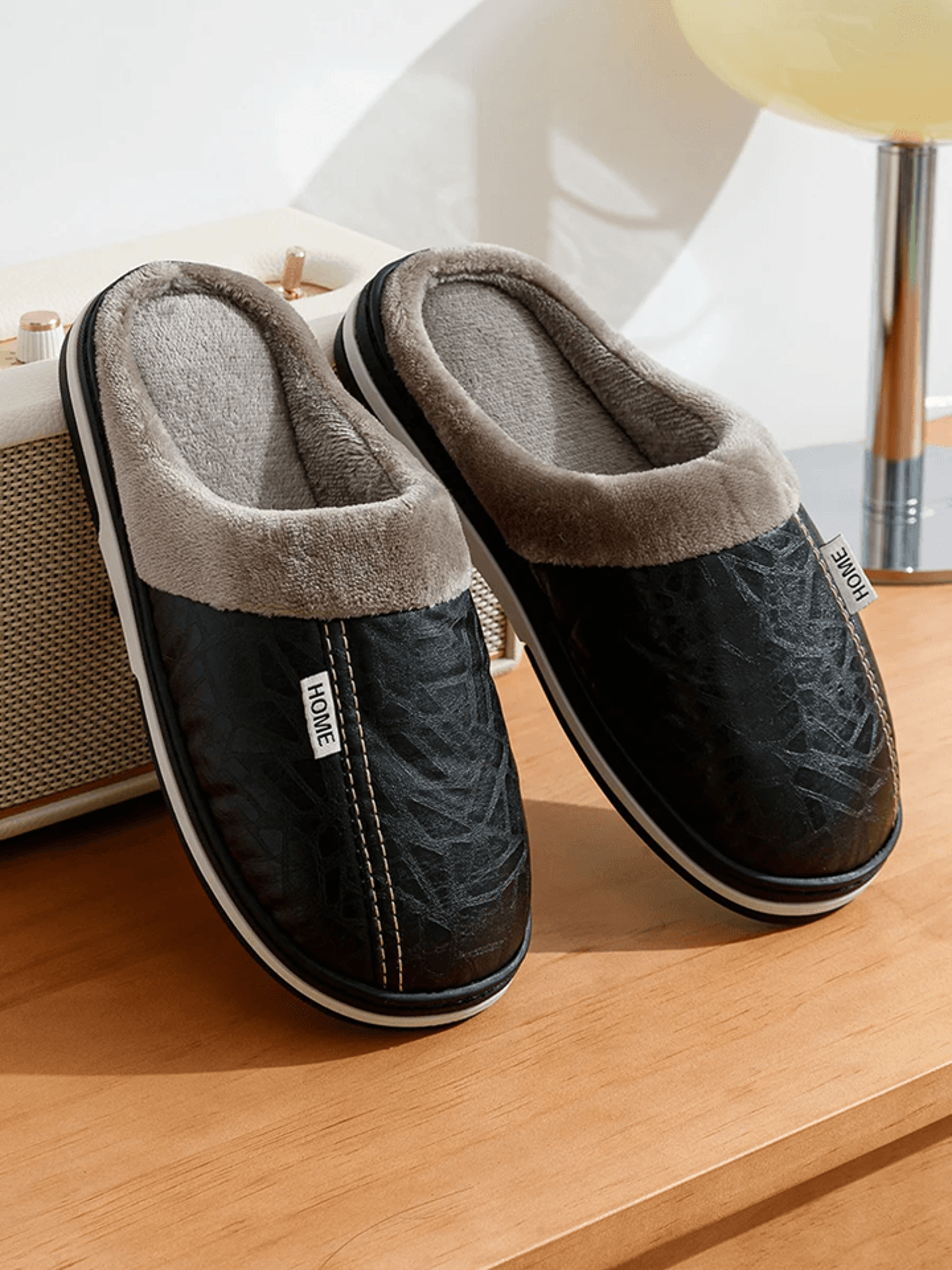 mens winter slippers with pu leather waterproof upper and warm fur lining