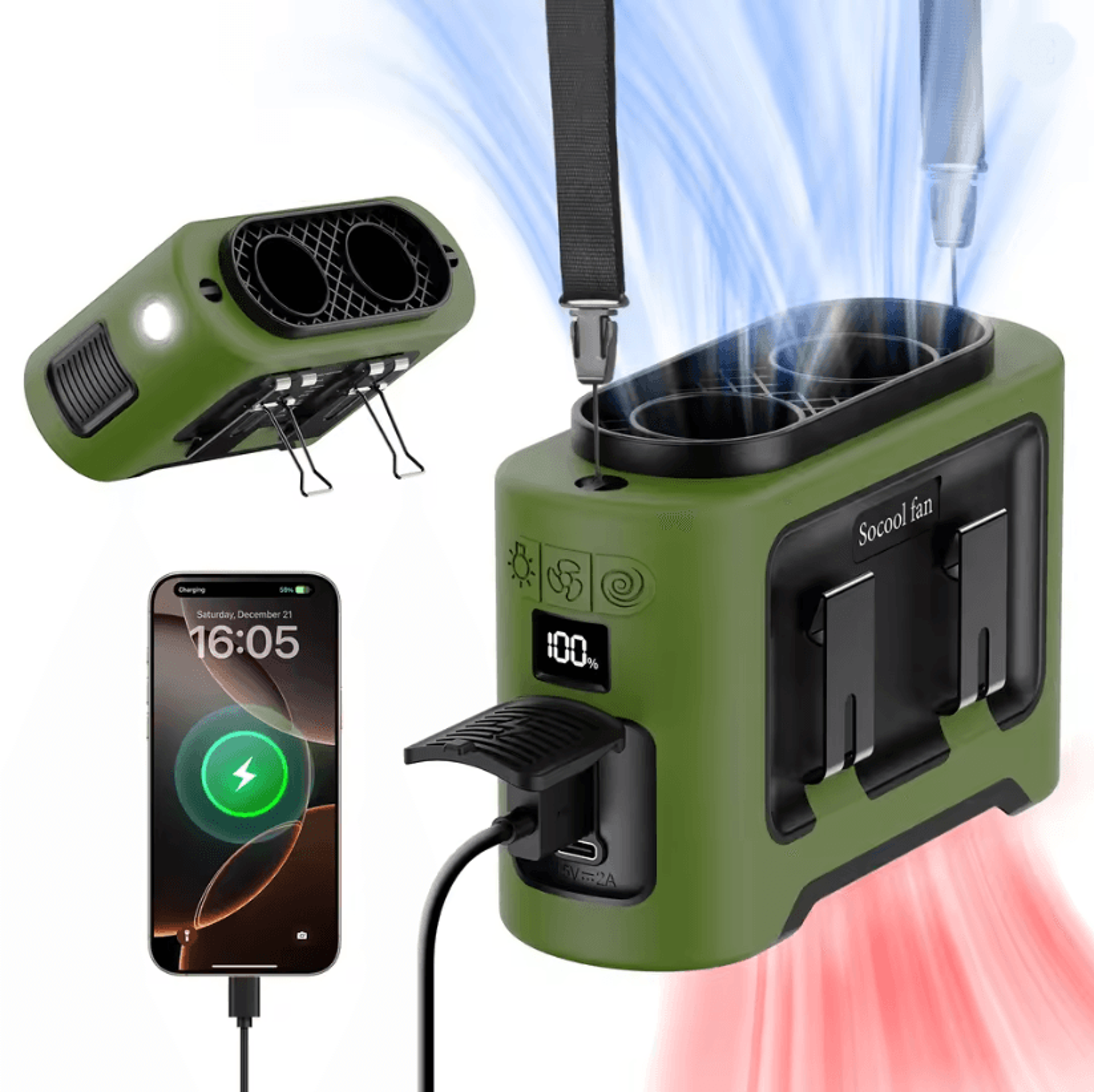 Portable Waist Fan 14500mAh Rechargeable Cooling Fan With Dual Airflow Outlets And Power Bank Funct