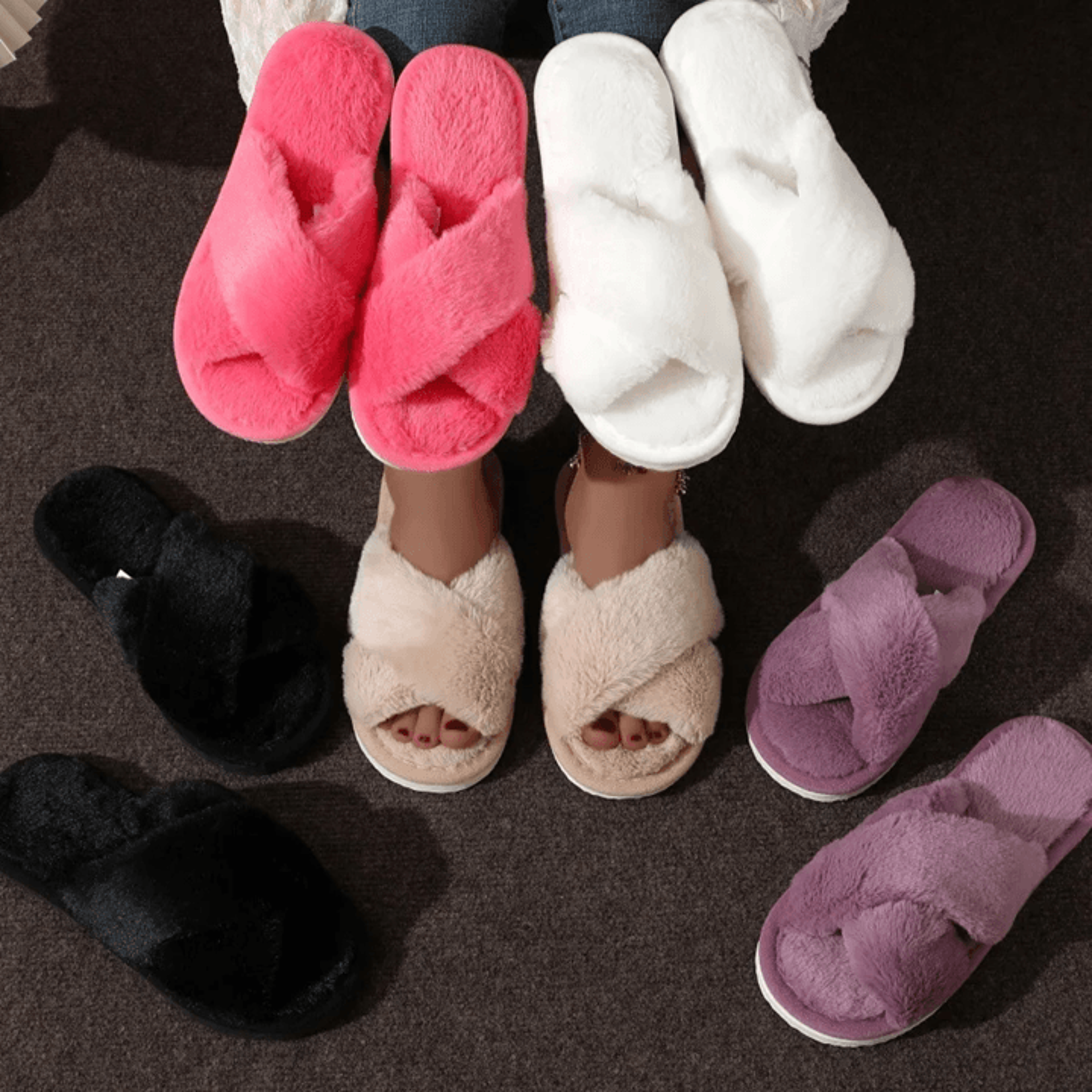 CozyCross Womens Fuzzy Slippers Soft Fur Indoor Open Toe Slides 0