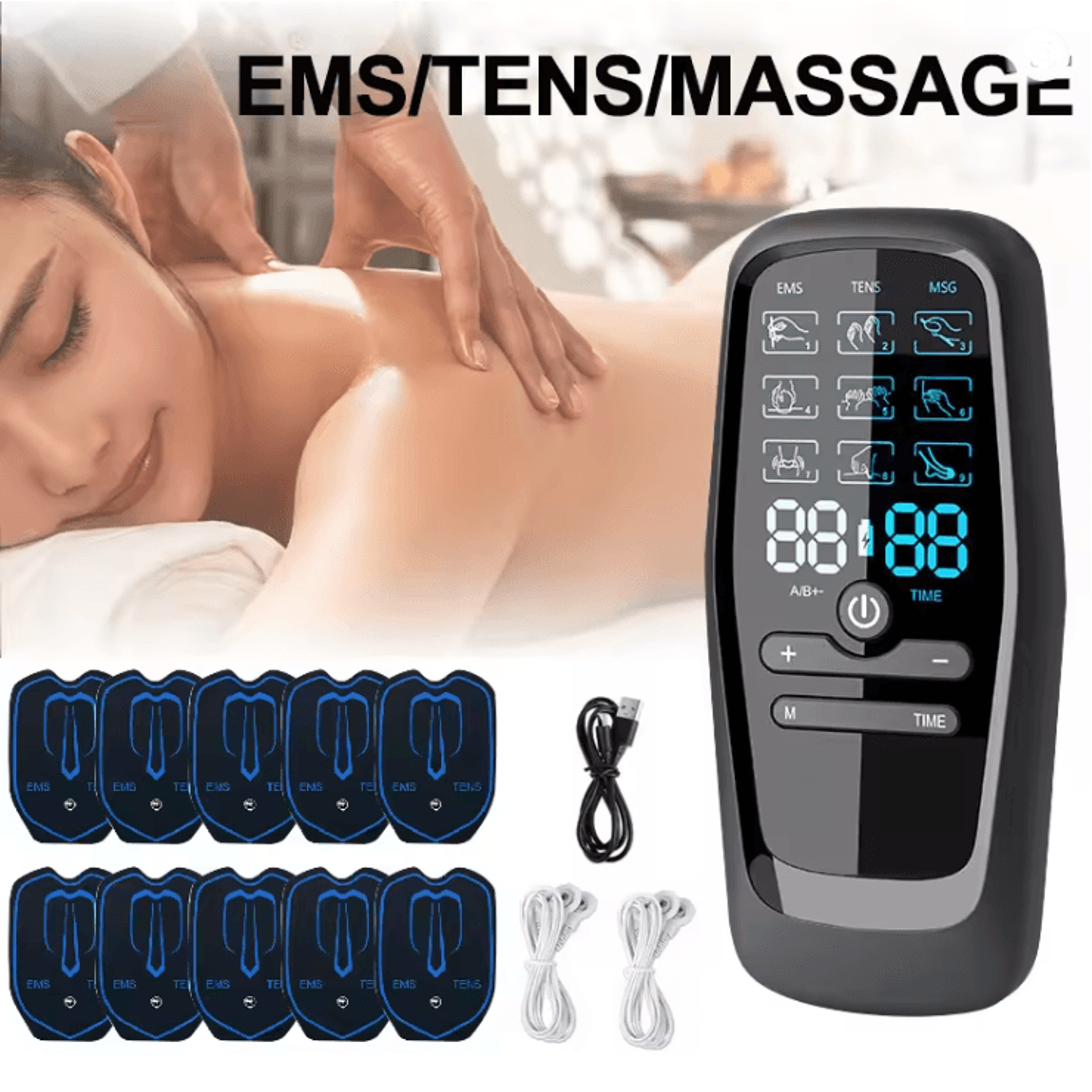 electric muscle stimulator with ems tens therapy for pain relief and massage