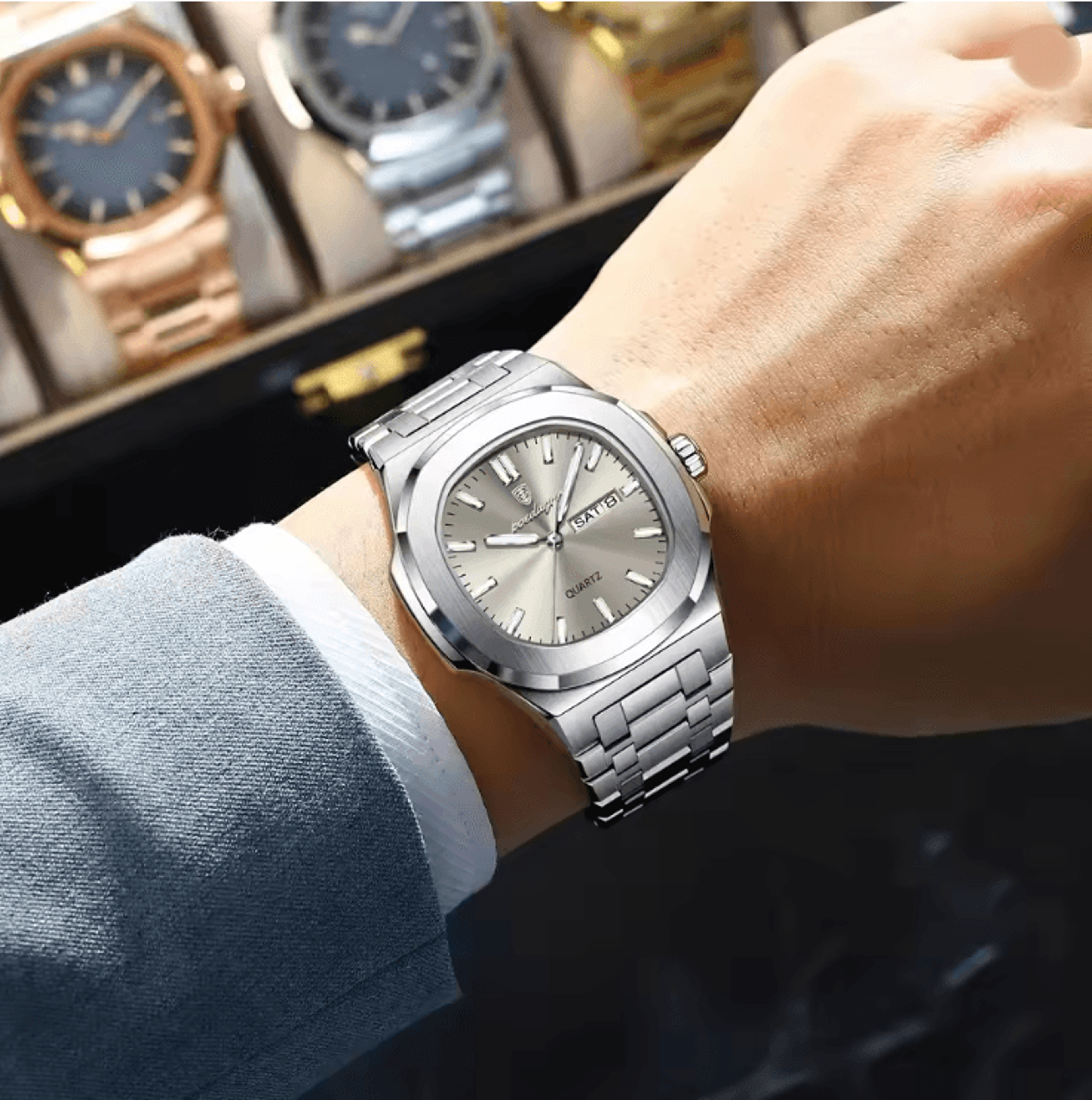 poedagar luxury square military mens watch stainless steel waterproof design