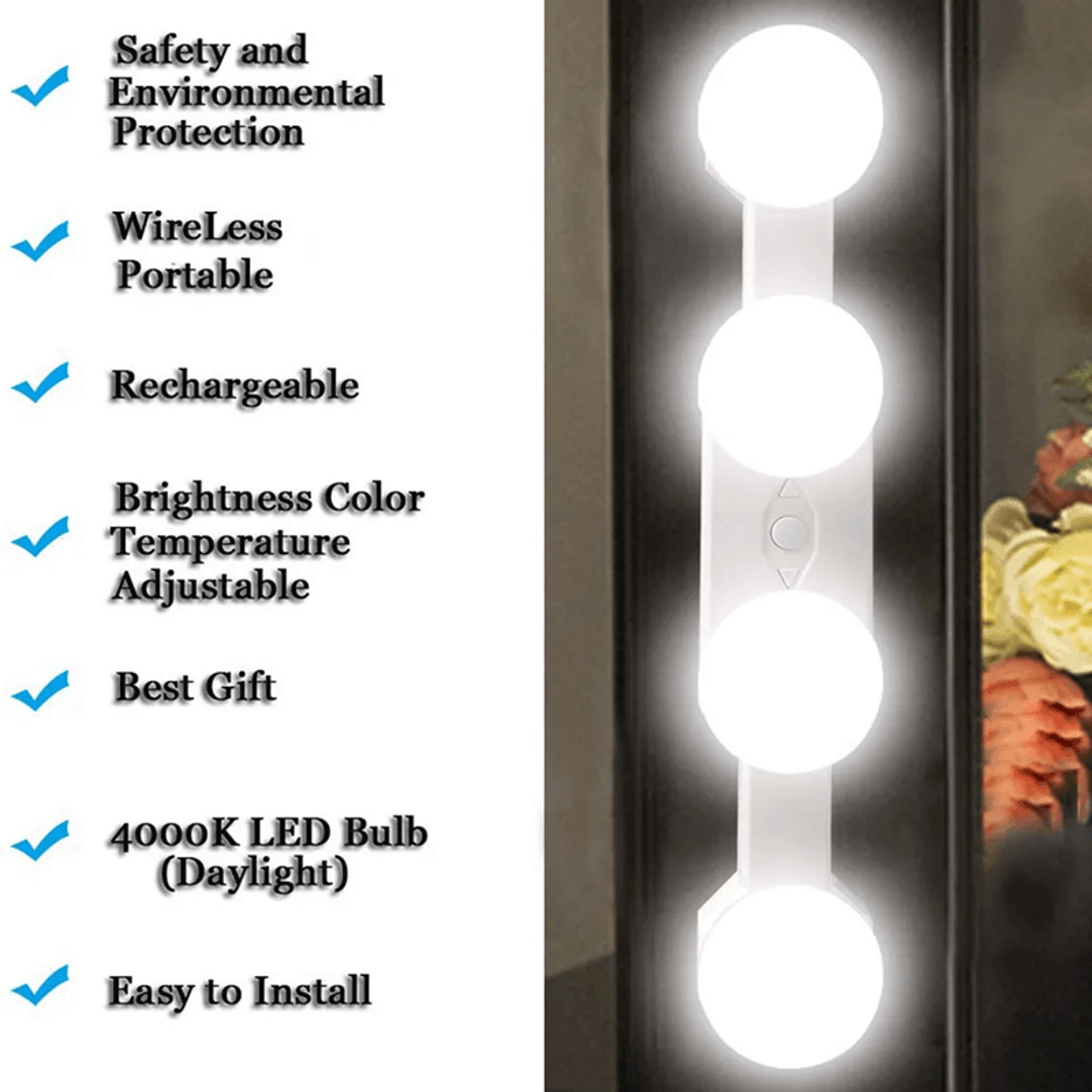Cordless LED Makeup Mirror Light With Suction Cup And USB Rechargeable Design 2