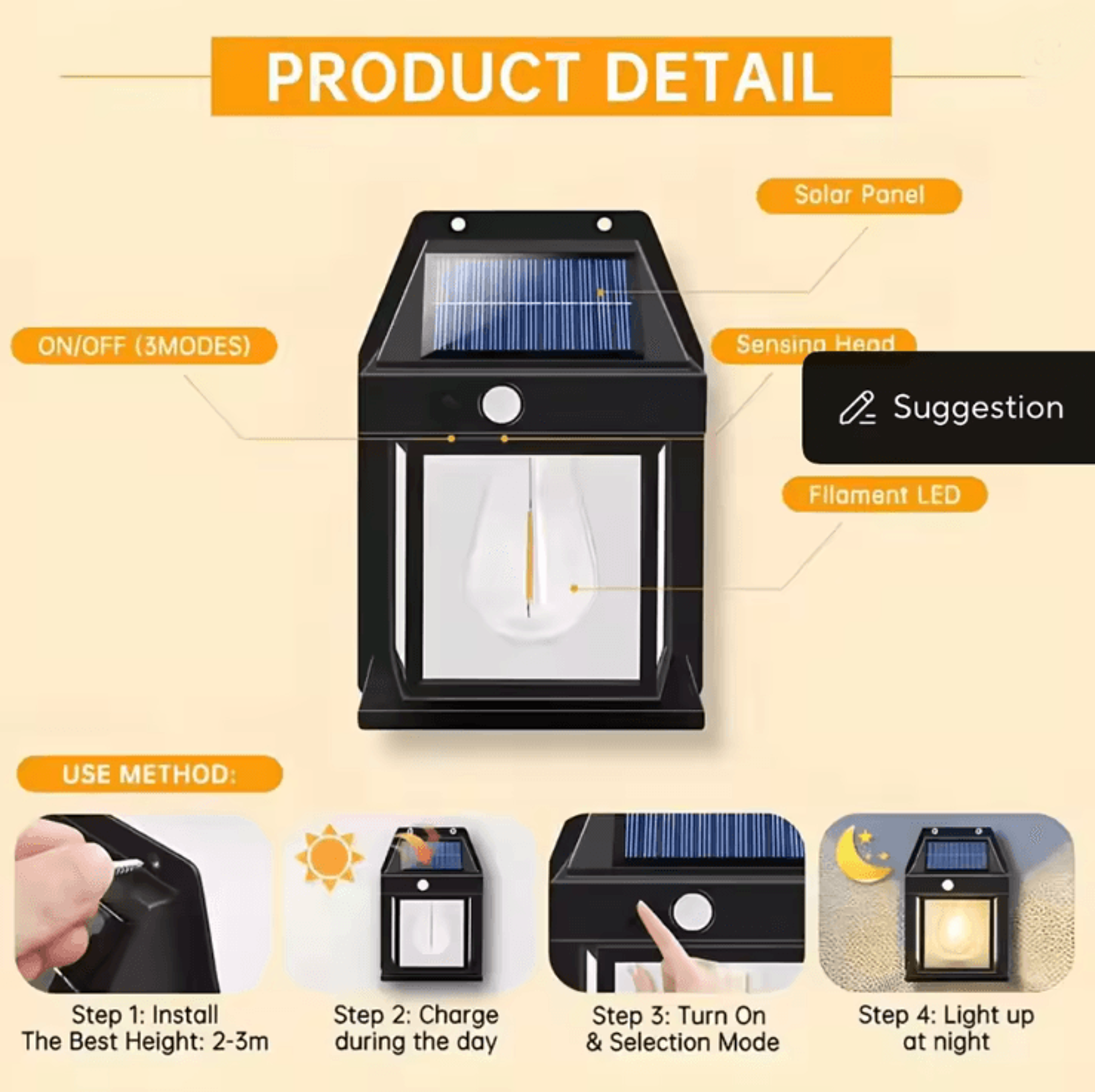 LumaGlow Outdoor Solar Wall Light With Motion Induction And Warm Tungsten Glow 3