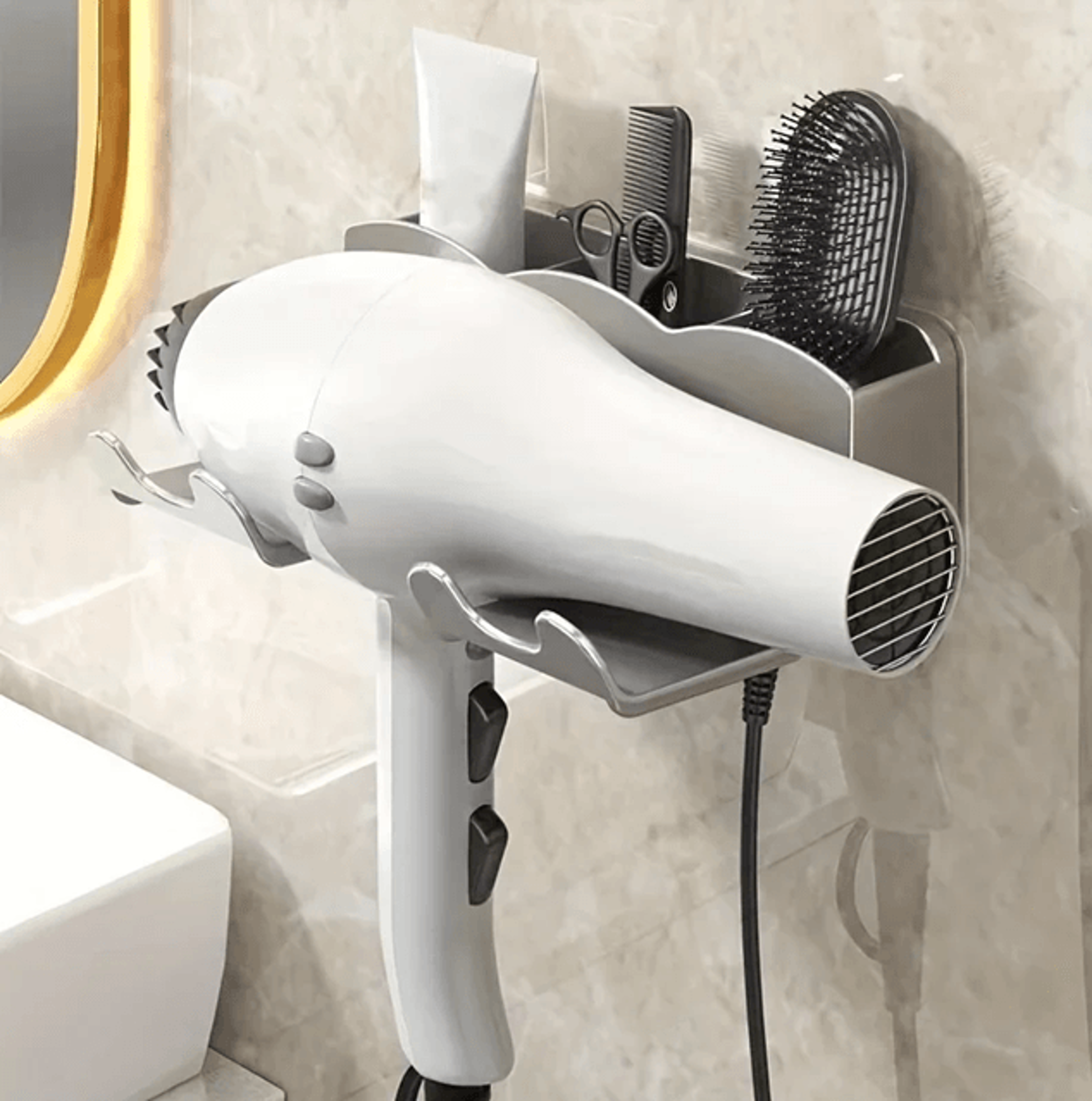 HoldEase Wall Mounted Hair Dryer Holder No Drill Bathroom Organizer 3