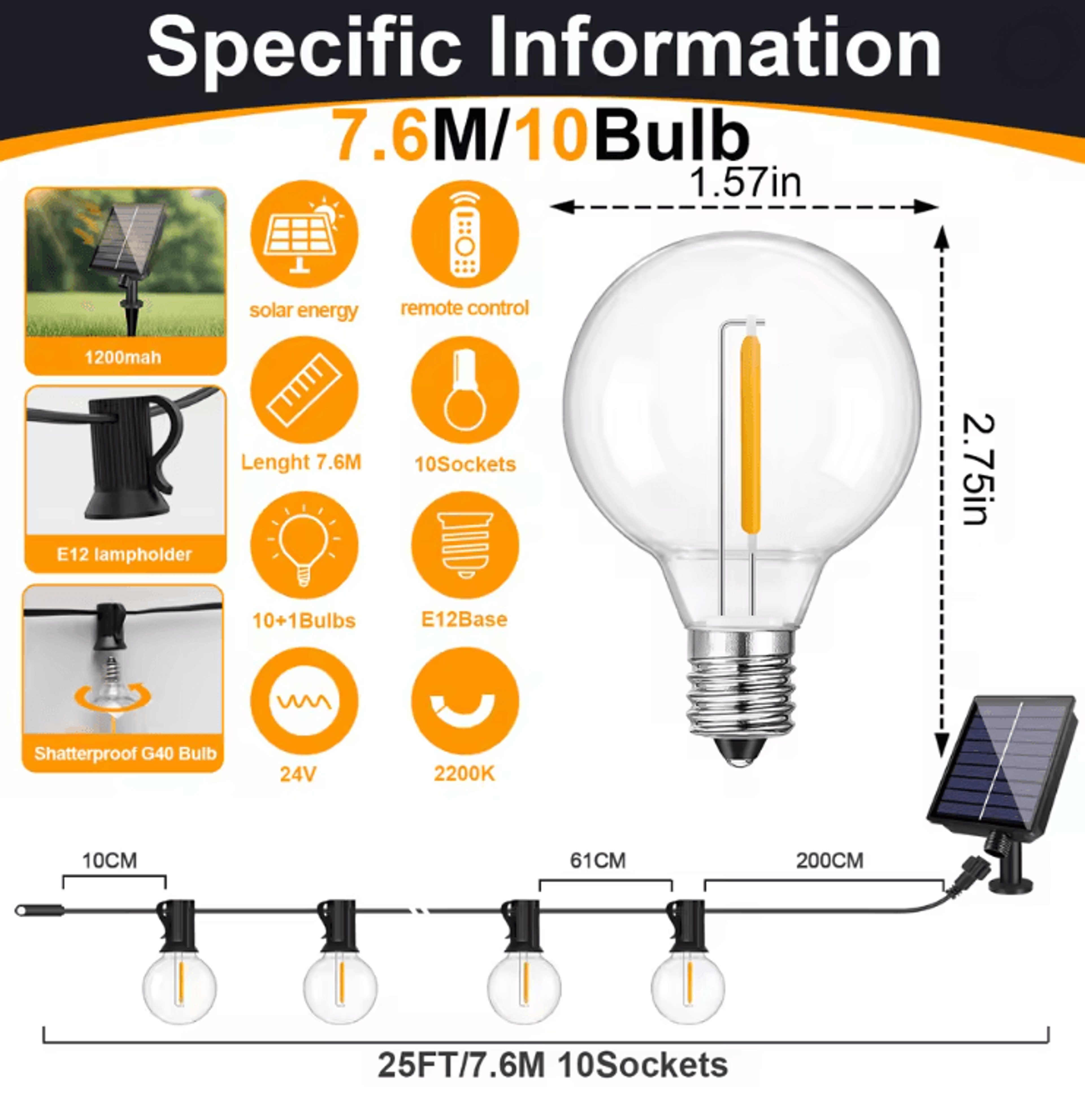 GlowGarden Solar Globe String Lights G40 Outdoor Set 3