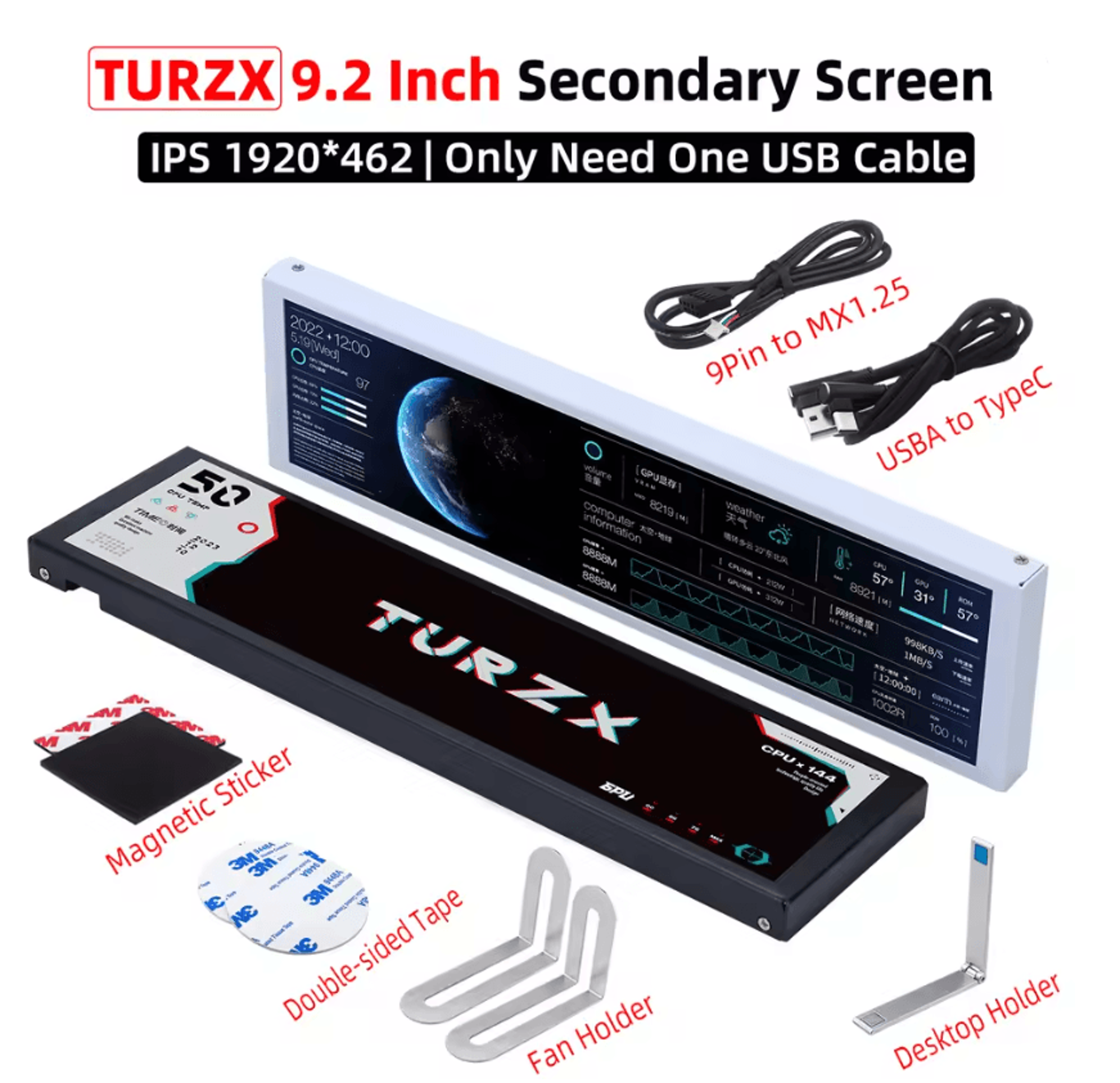 turzx 9.2 inch usb secondary screen for pc monitoring and custom display