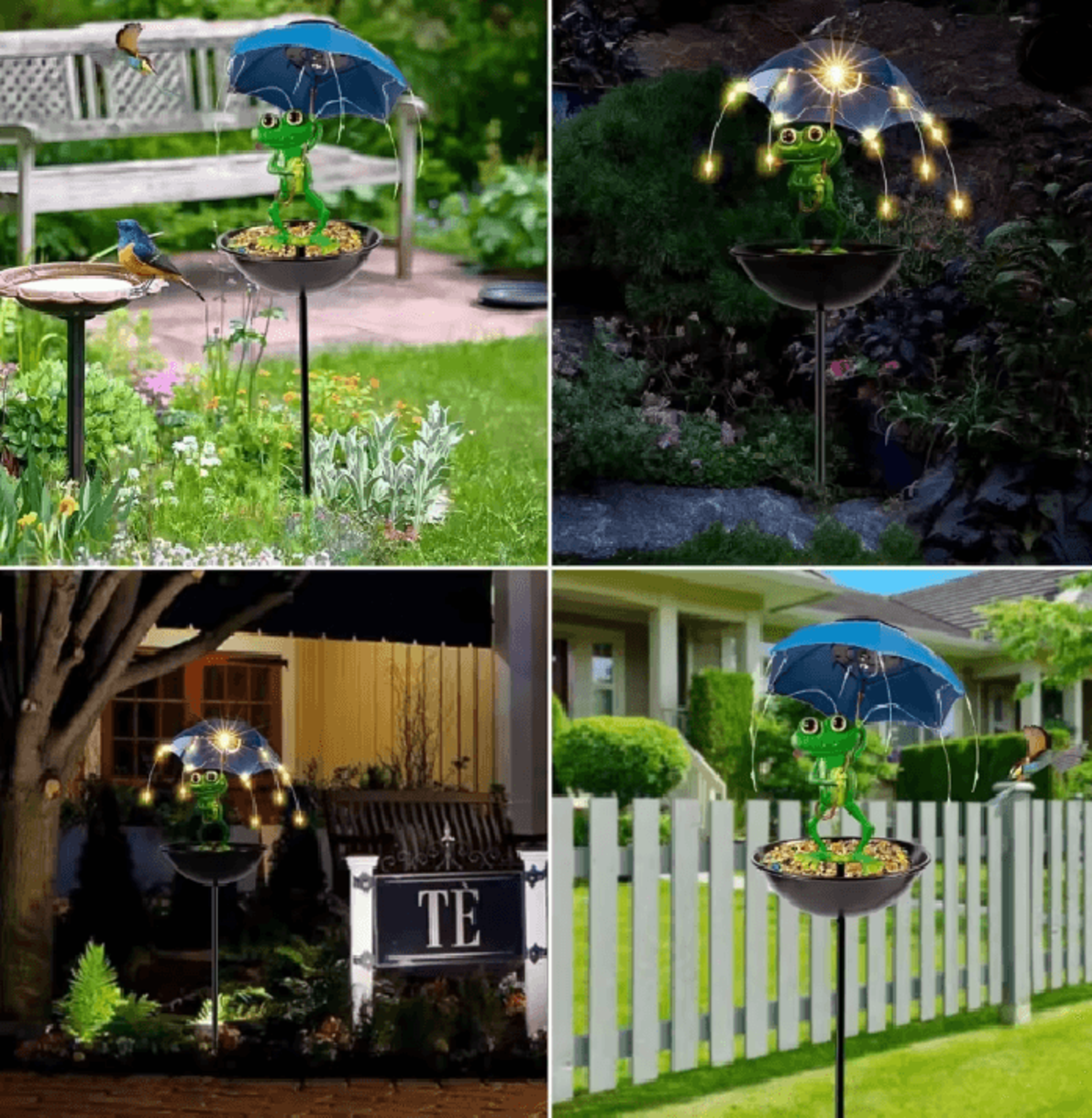 FrogGlow Solar Frog Garden Light With Umbrella And Bird Feeder Decor 3