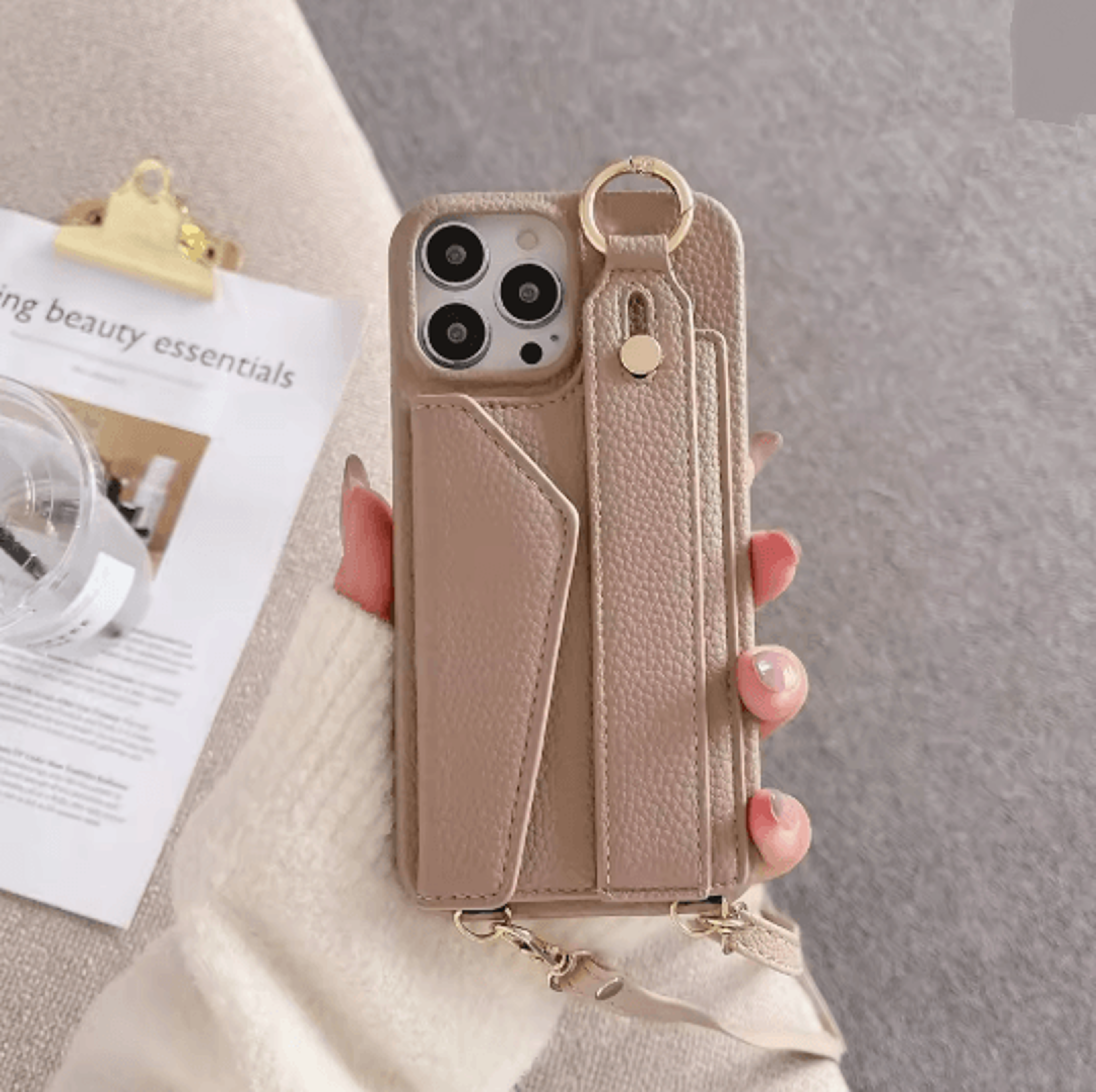 Leather Crossbody Wallet Phone Case With Ring Holder And Lanyard For IPhone 4