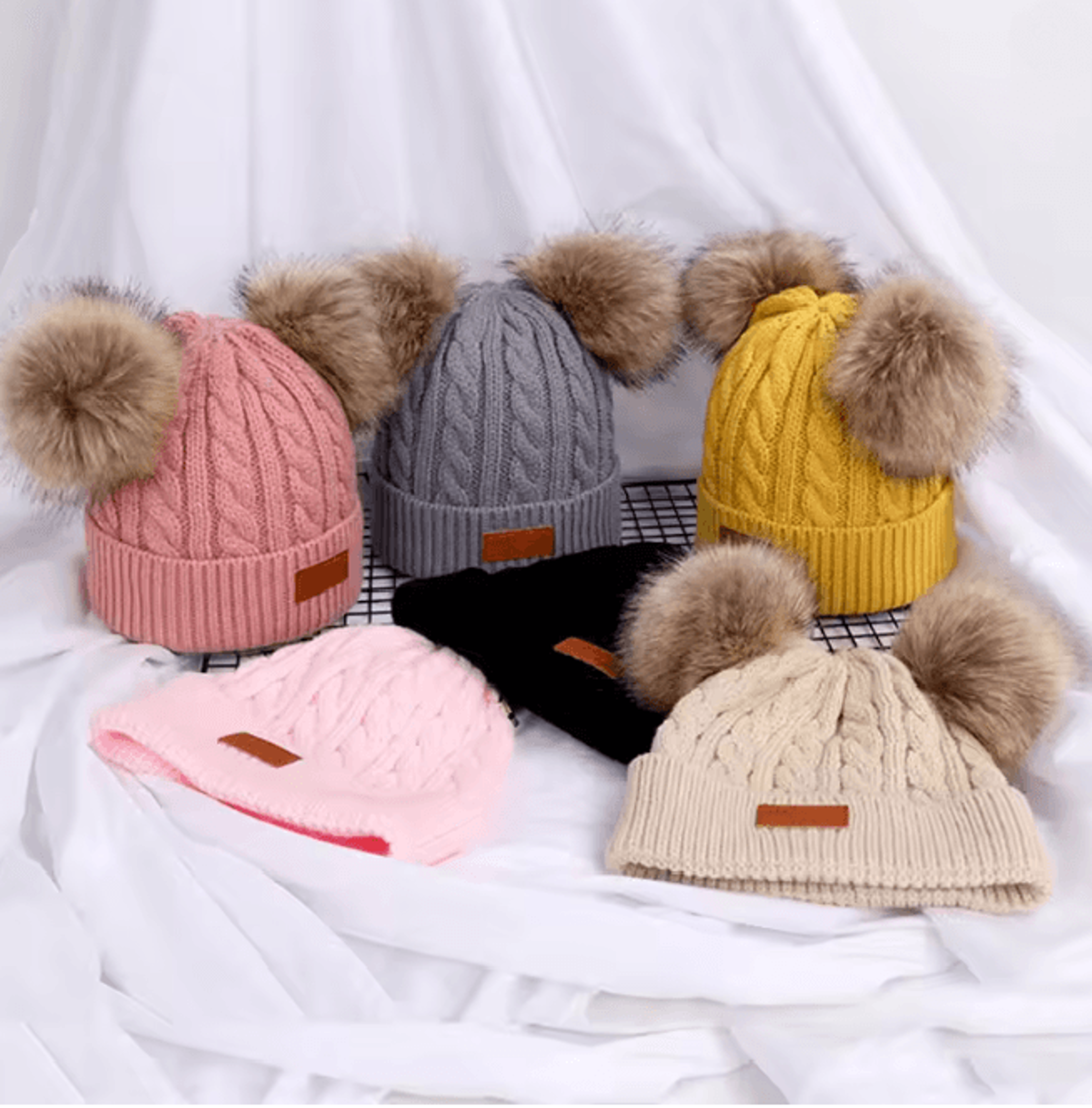 pompom cozy kids knit beanie double wool hat for boys and girls