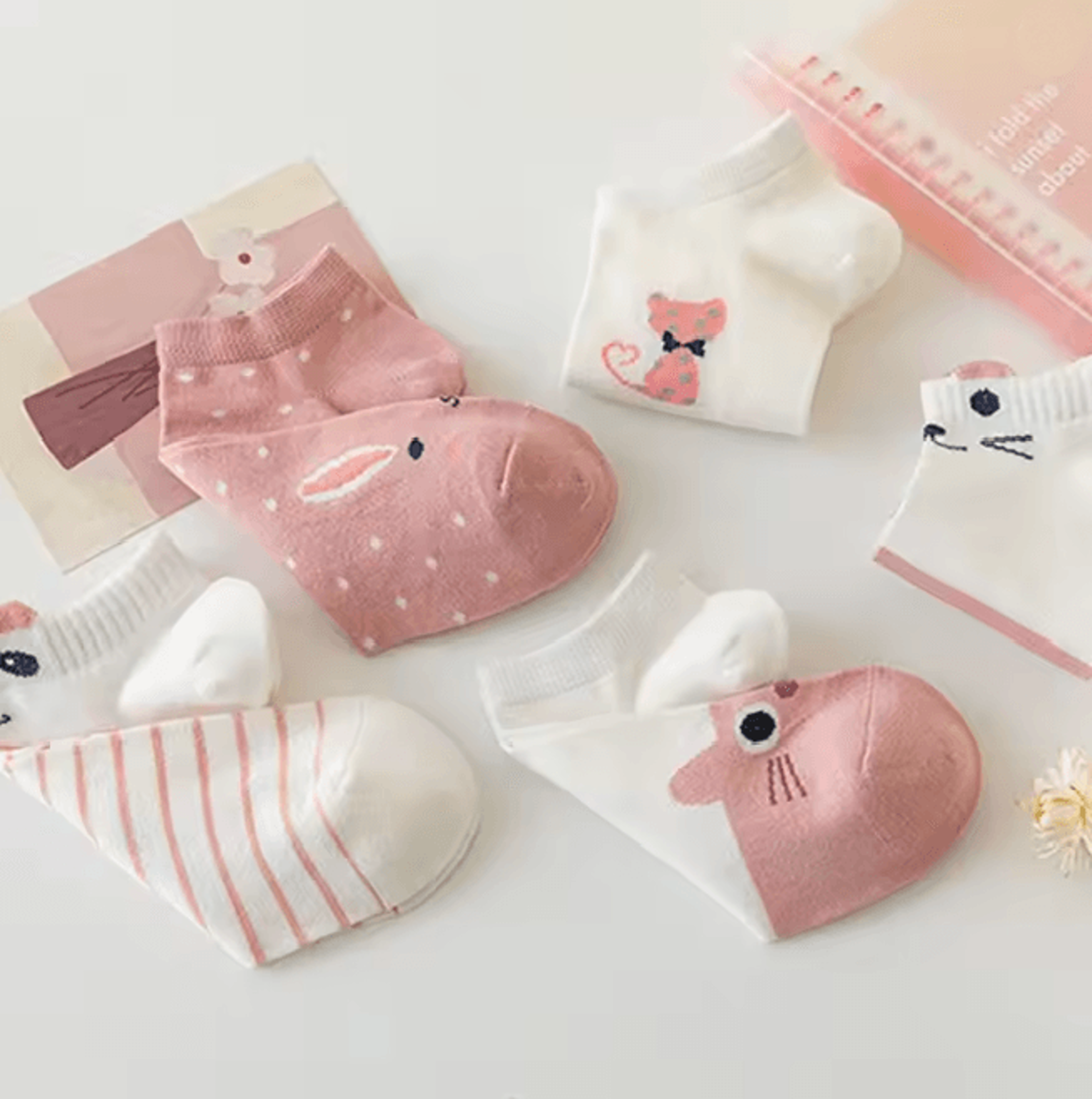 Women Pink Cat Thin Short Tube Socks Cute Casual Comfort Multipack 1