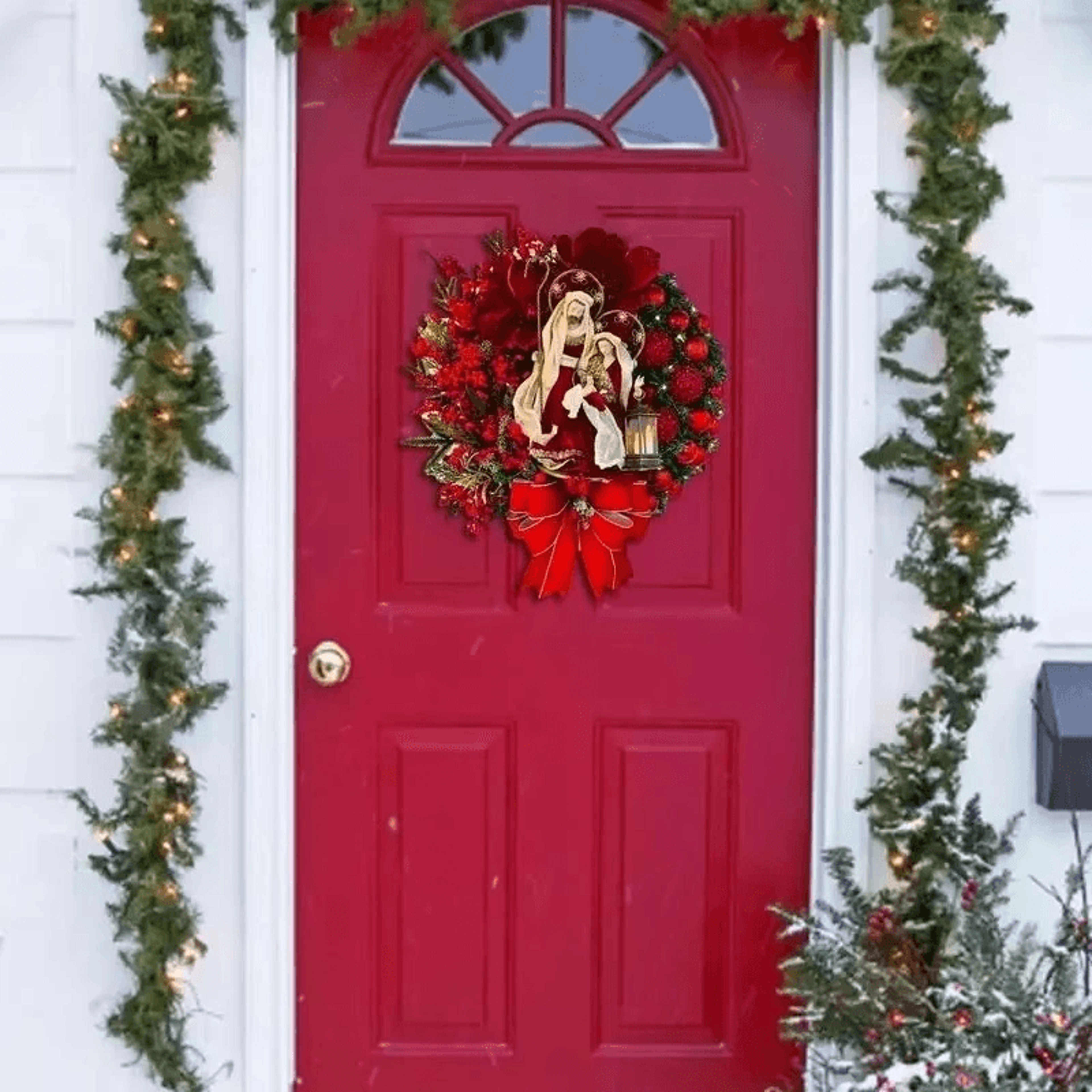 Christmas wreath for porch with LED lantern