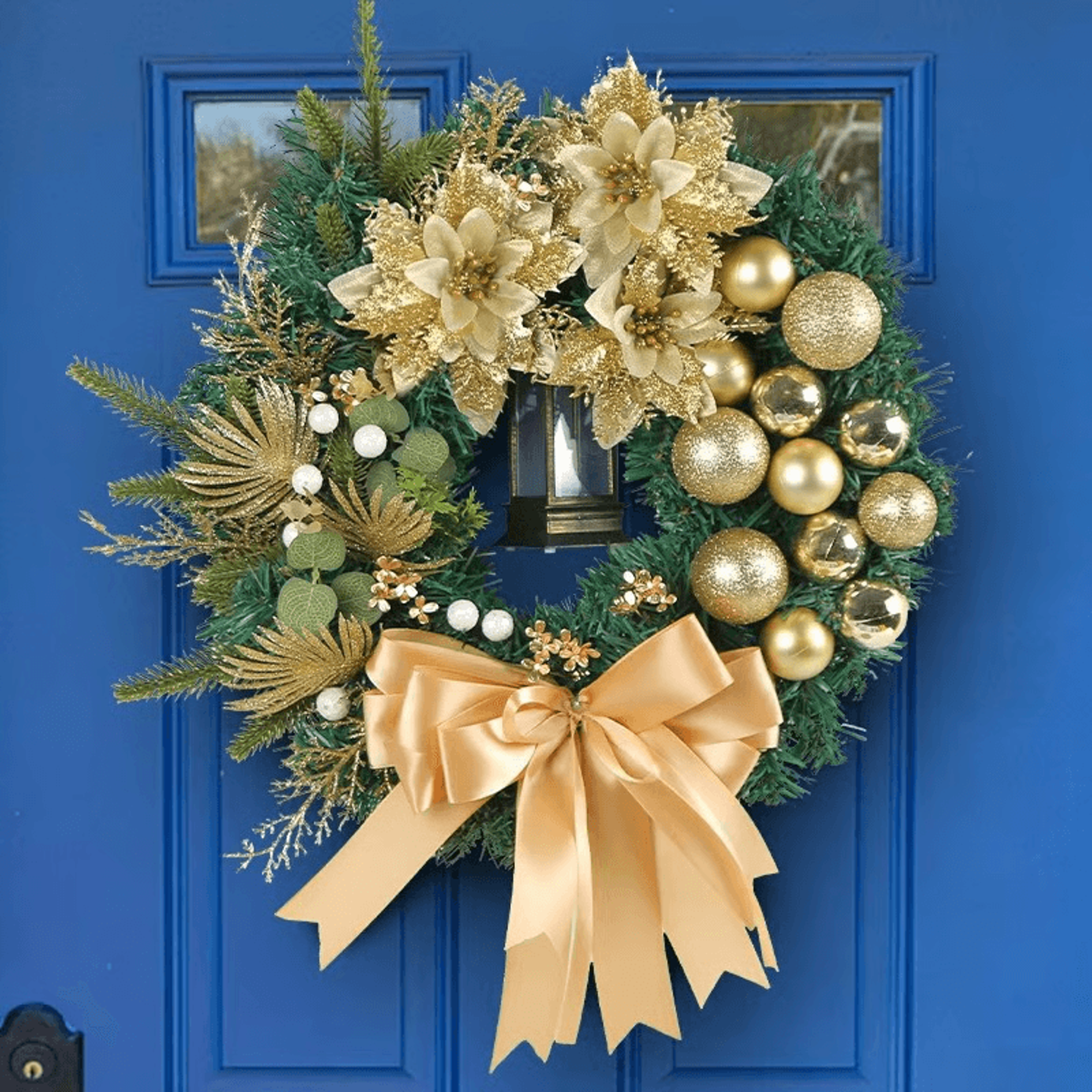 Elegant Christmas wreath with bow and LED lights