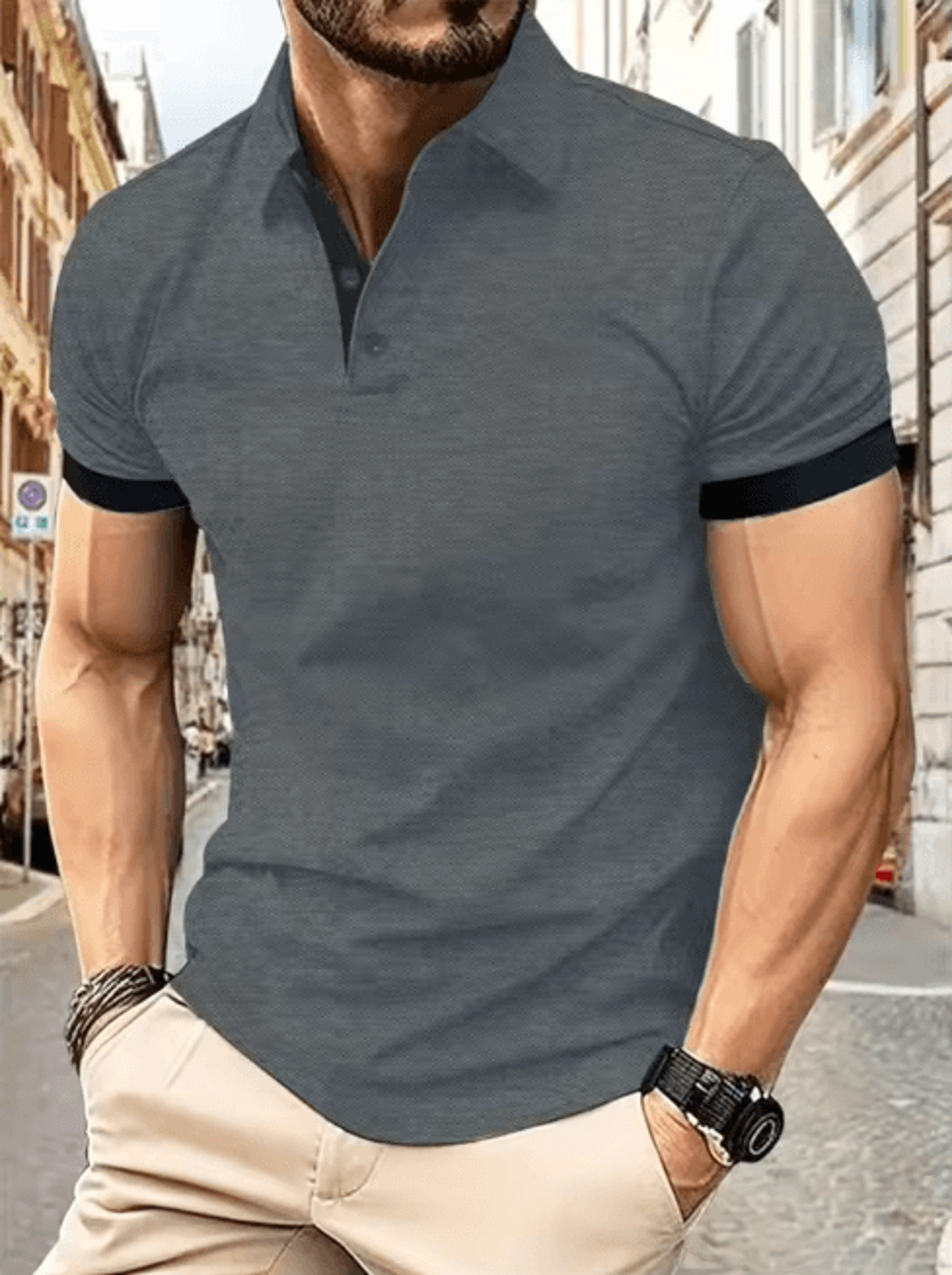 Mens Short Sleeve Color Block Lapel Shirt Casual Fashion Top 9