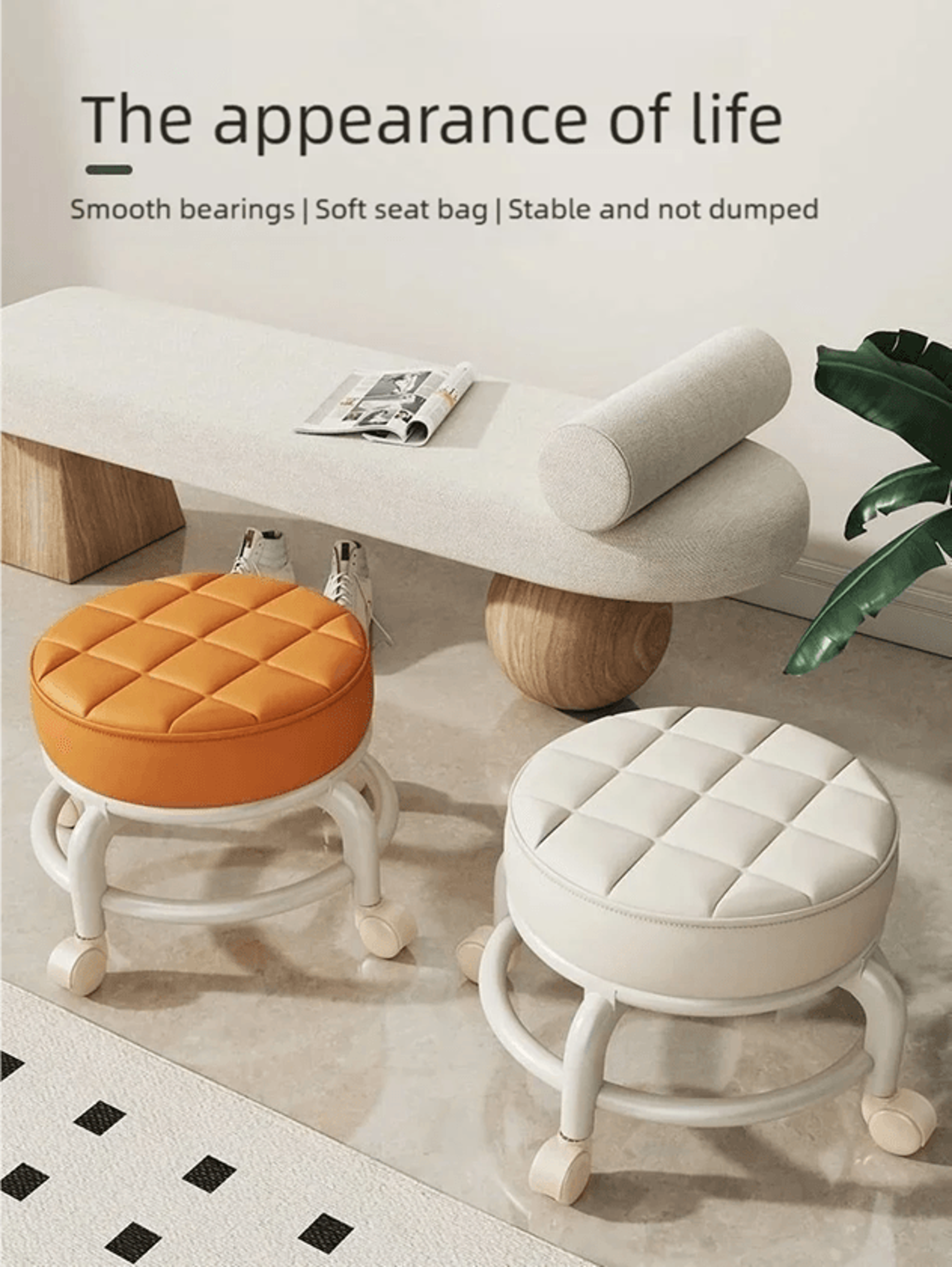 PU Leather Rolling Stool With Wheels Low Profile Padded Seat 0