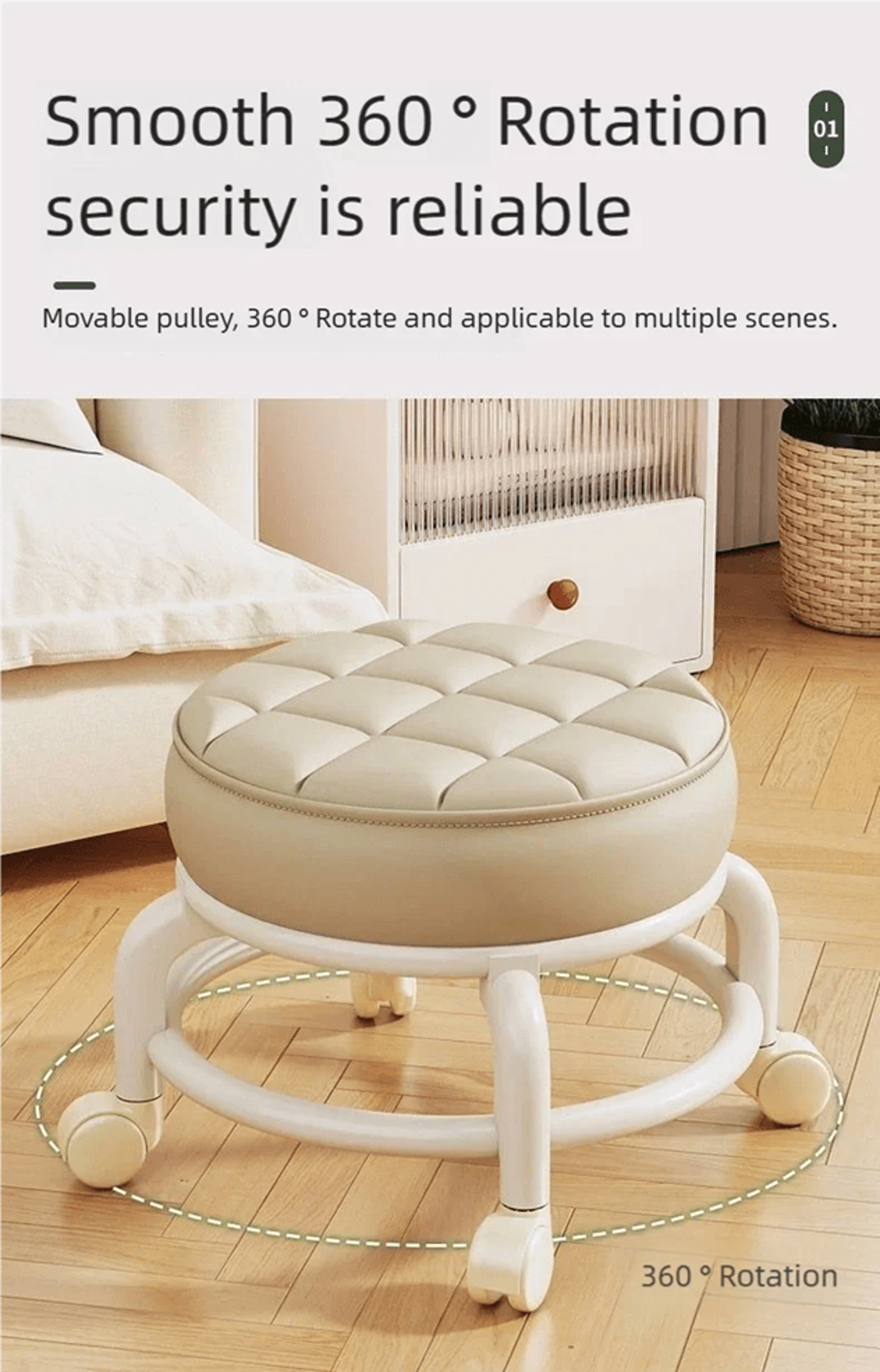 PU Leather Rolling Stool With Wheels Low Profile Padded Seat 2