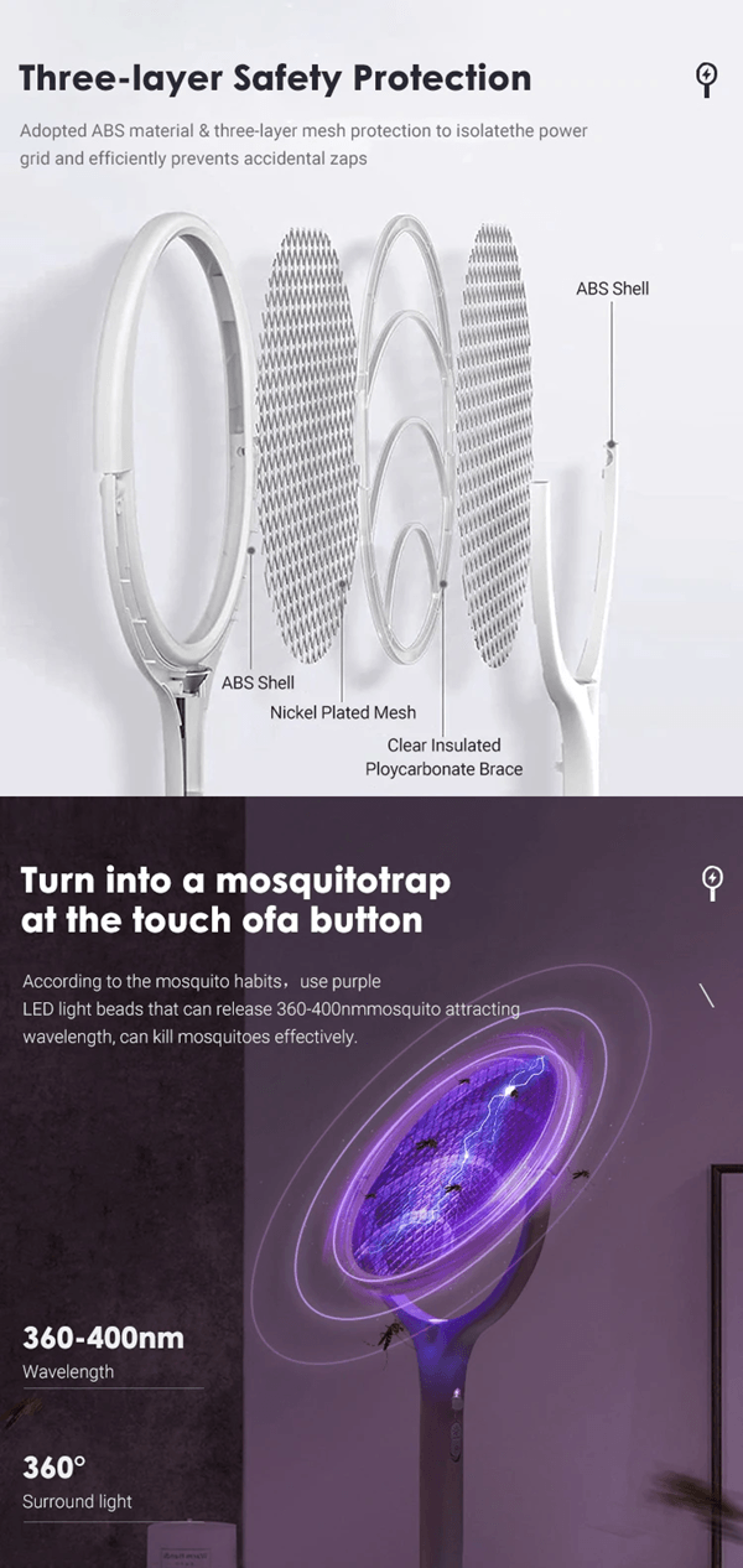 Rechargeable Electric Mosquito Swatter Bug Zapper Racket With LED Lamp 2