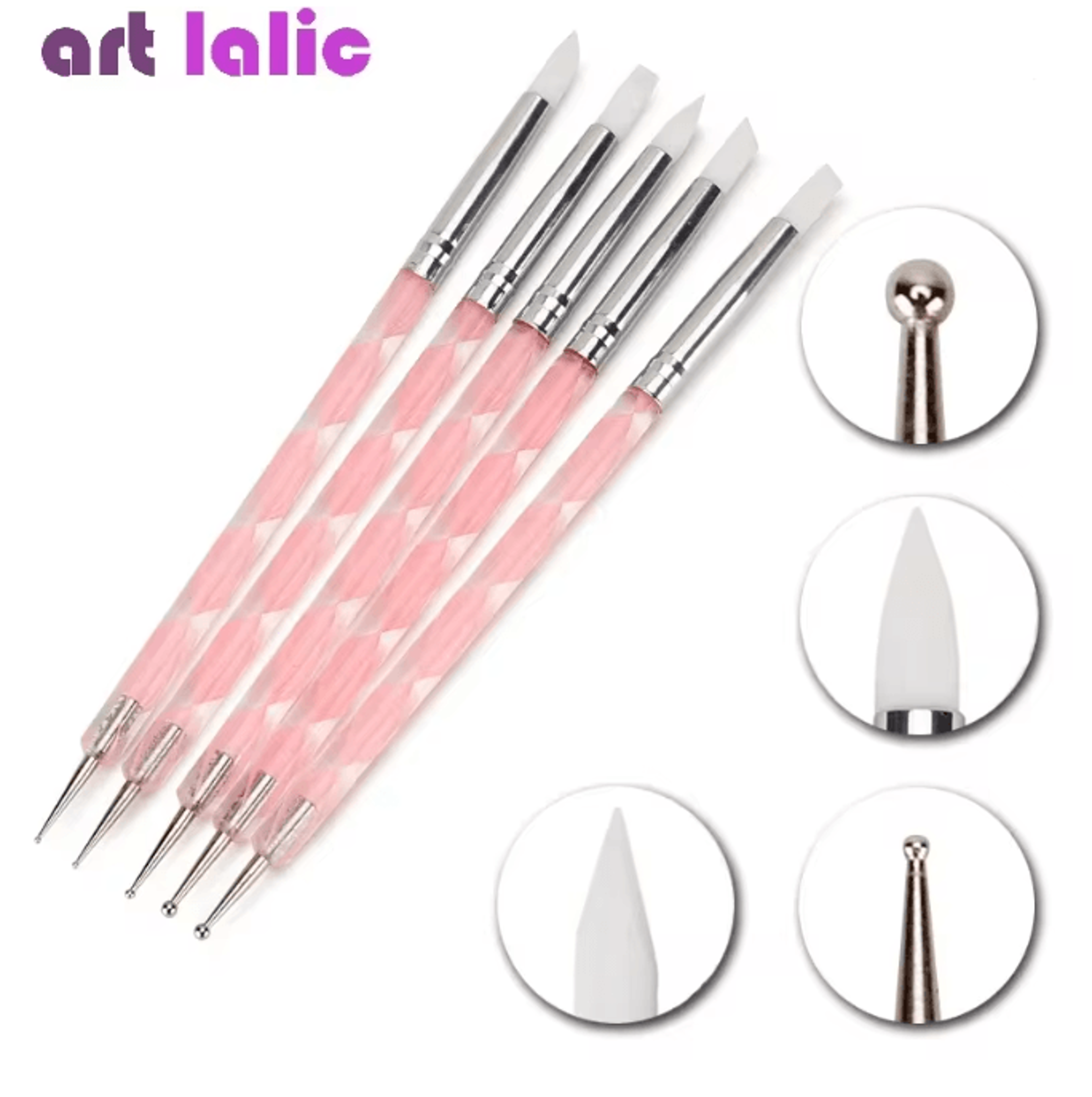 Two Way Nail Art Dotting Pen Set With Silicone Tips 5 Piece 0