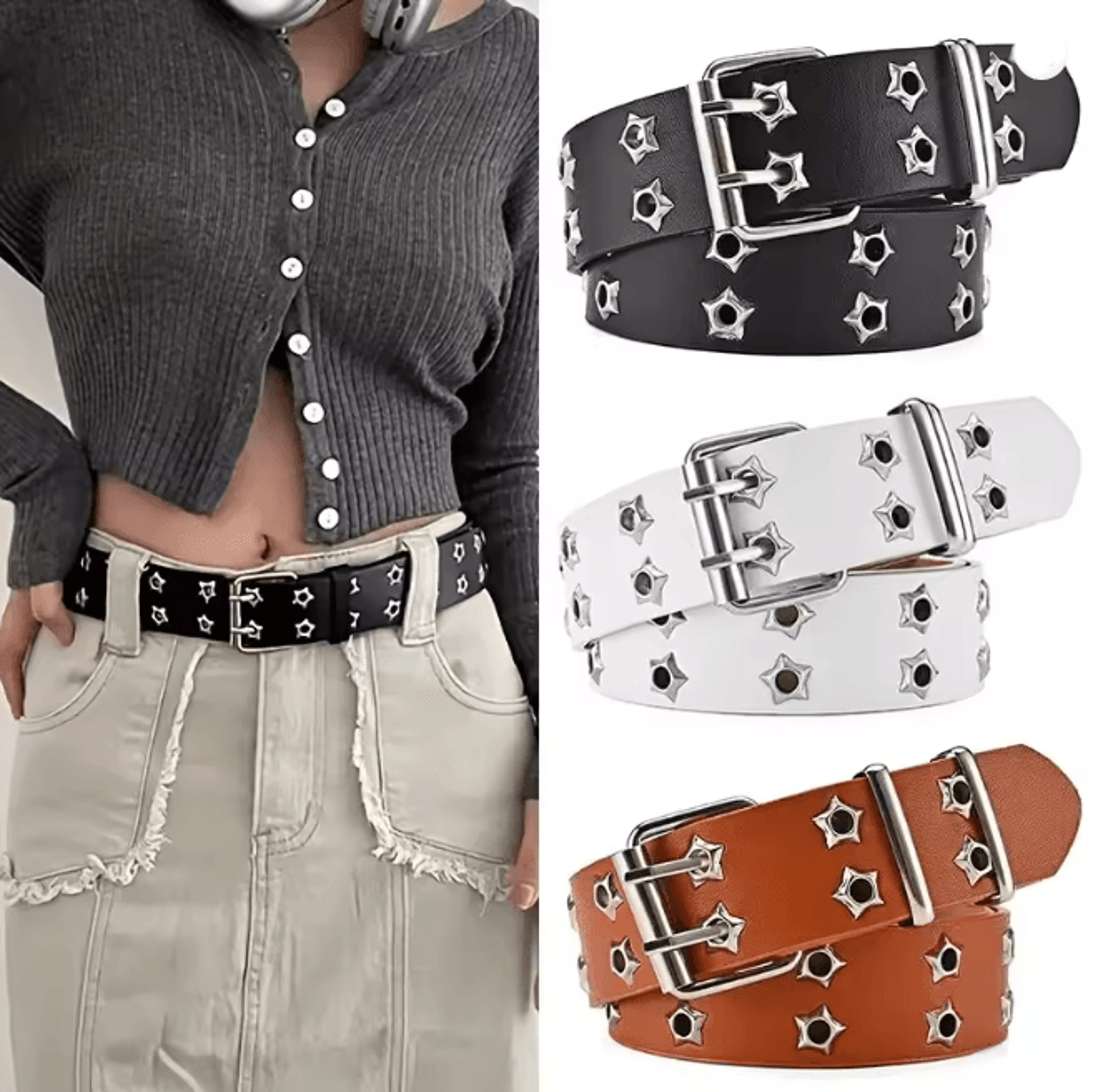 star rivet goth punk pu leather belt double pin buckle y2k waistband