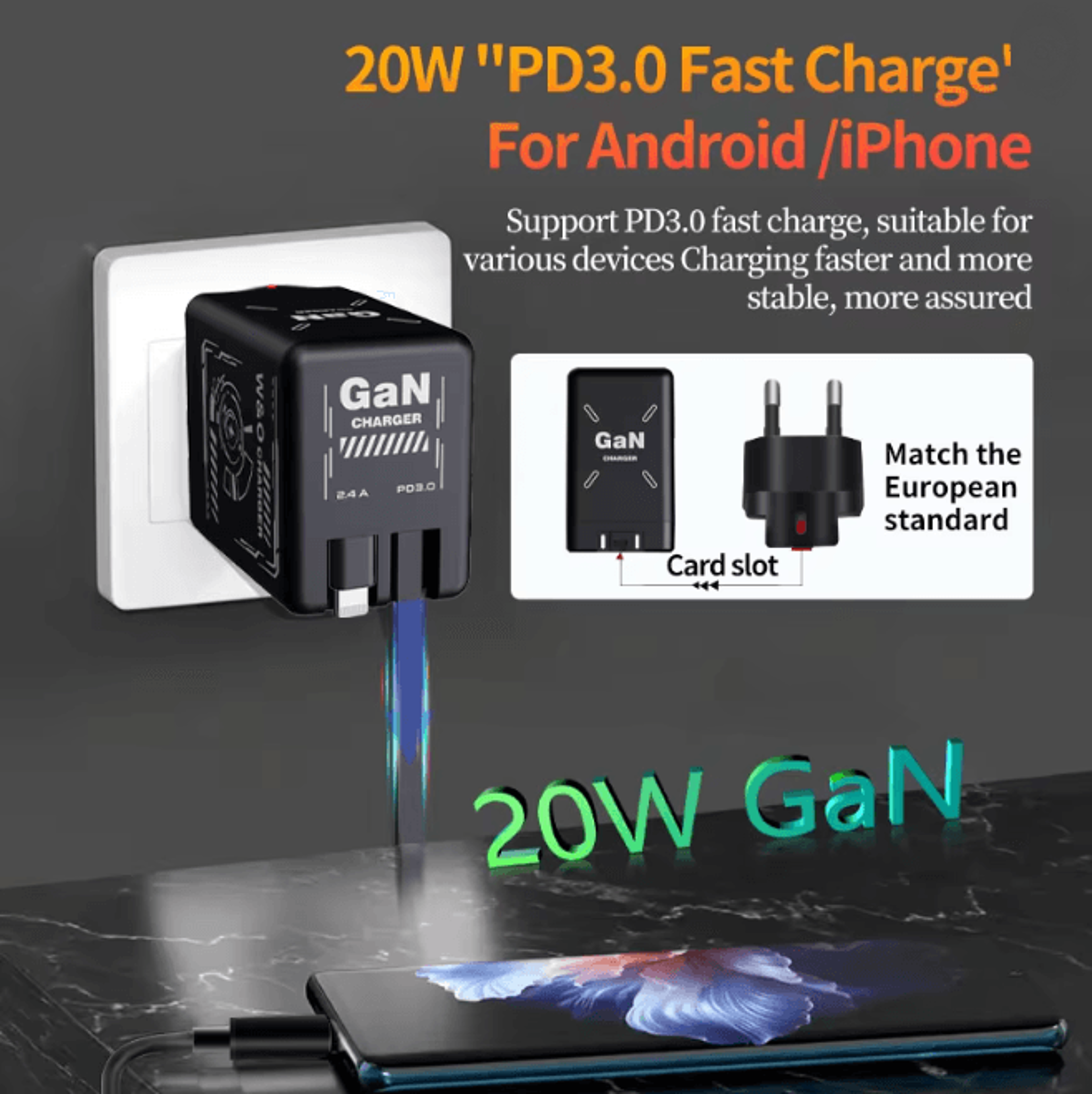 Gan 120W Fast Charger With Retractable Usb C And Lightning Cable 3