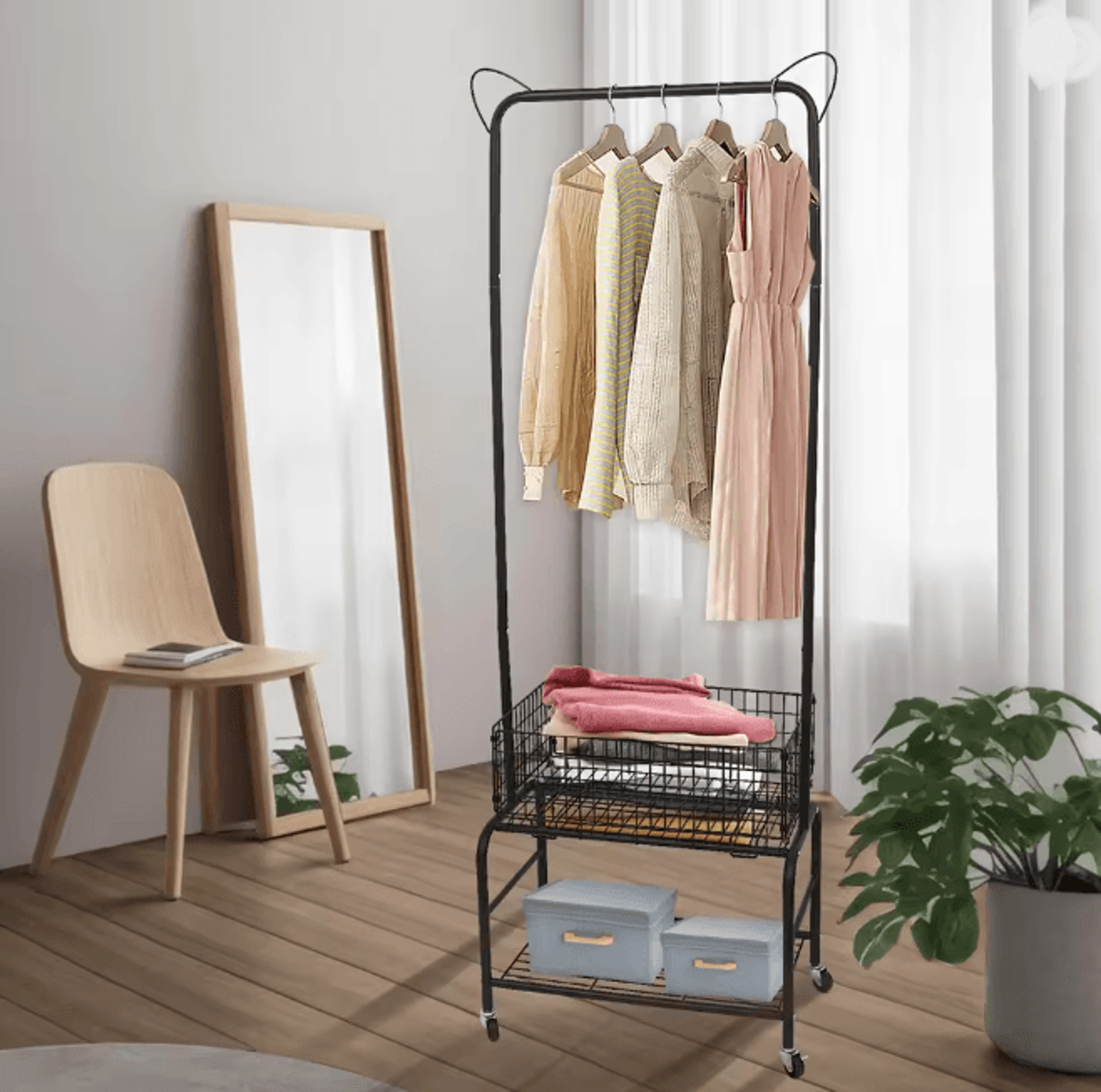 Rolling Metal Garment Rack With Basket Shelf Foldable Clothes And Shoe Organizer 0
