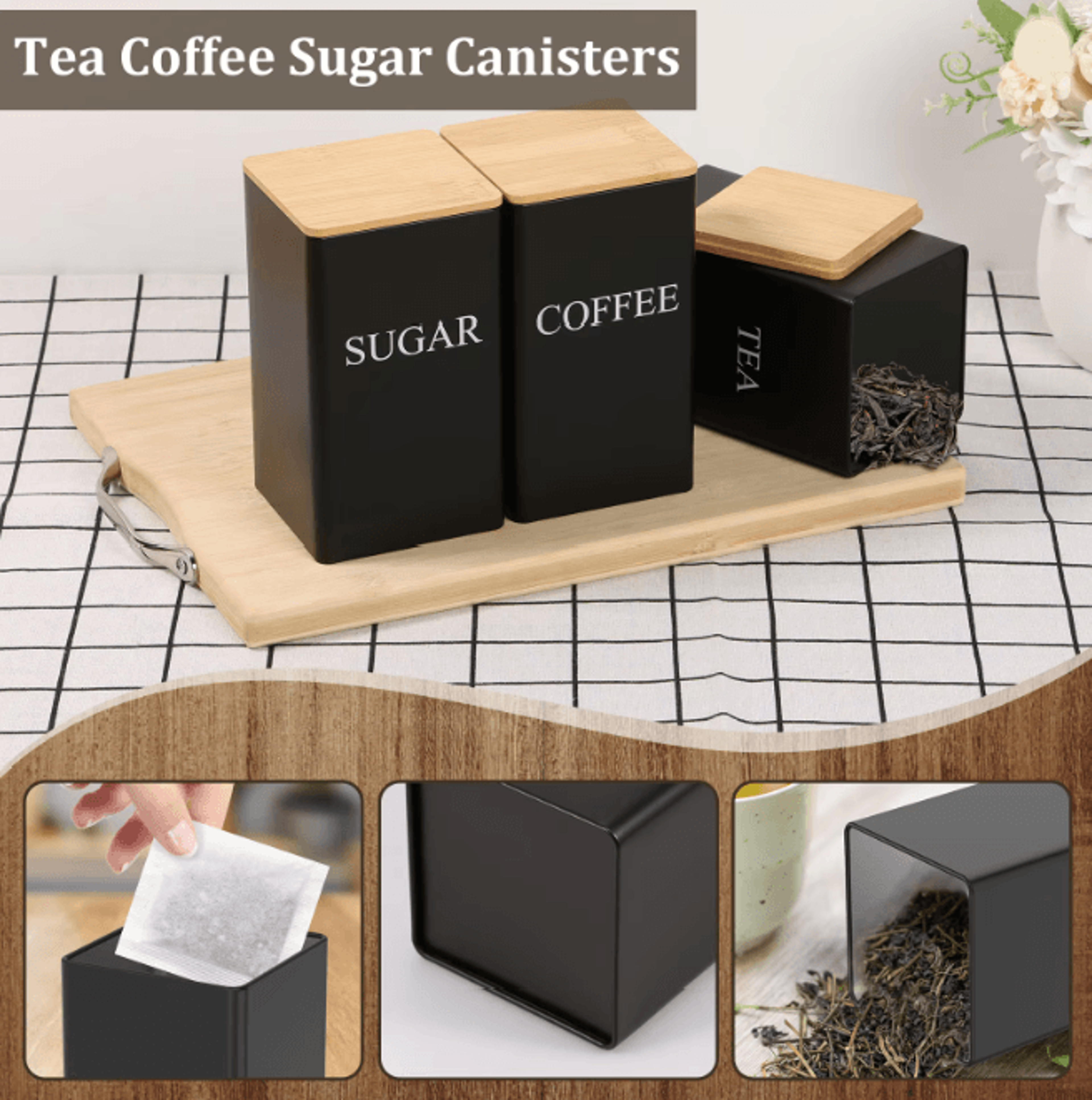FreshSeal Coffee Storage Canisters Bamboo Lid Metal Kitchen Jar Set 2